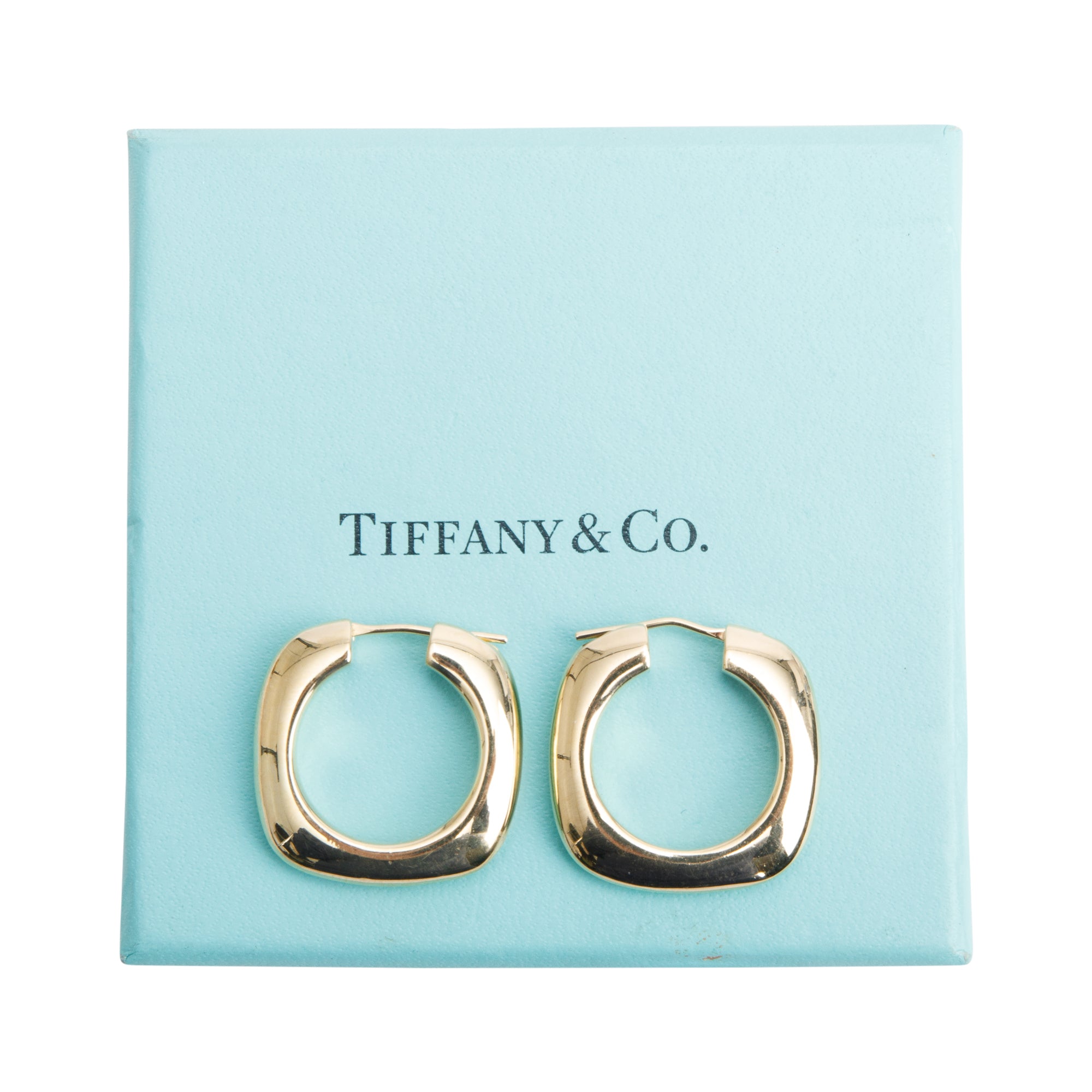 Tiffany & Co. Vintage 18k Yellow Gold Square Cushion Hoop Earrings w/ Box