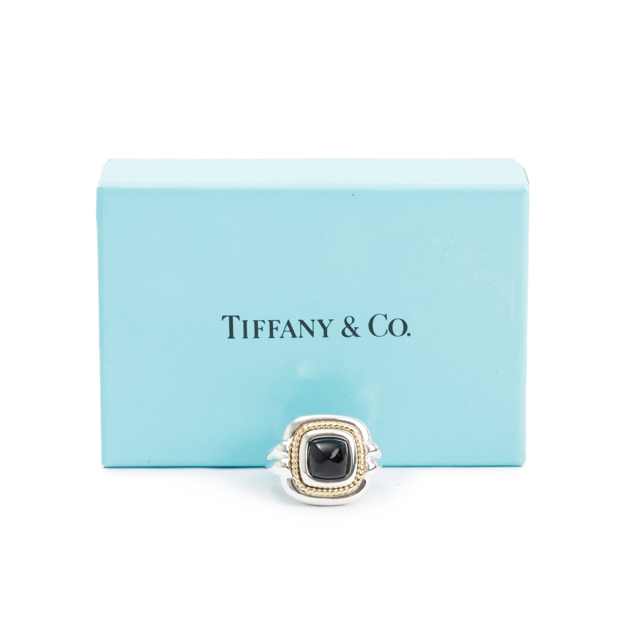Tiffany & Co. Vintage Sterling Silver & 18k Yellow Gold Rope Onyx Cocktail Ring, Size 4.75 w/ Box