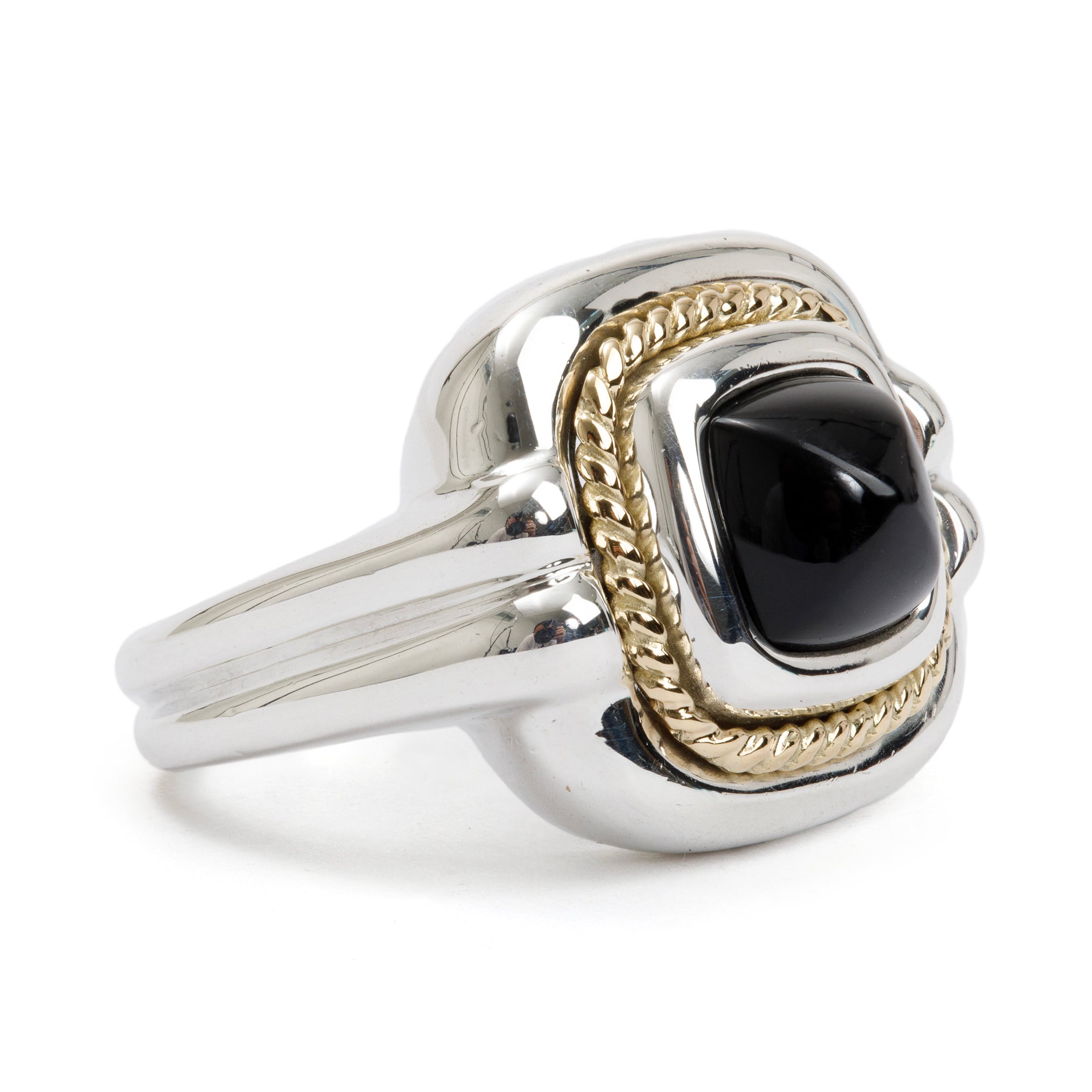 Tiffany & Co. Vintage Sterling Silver & 18k Yellow Gold Rope Onyx Cocktail Ring, Size 4.75 w/ Box