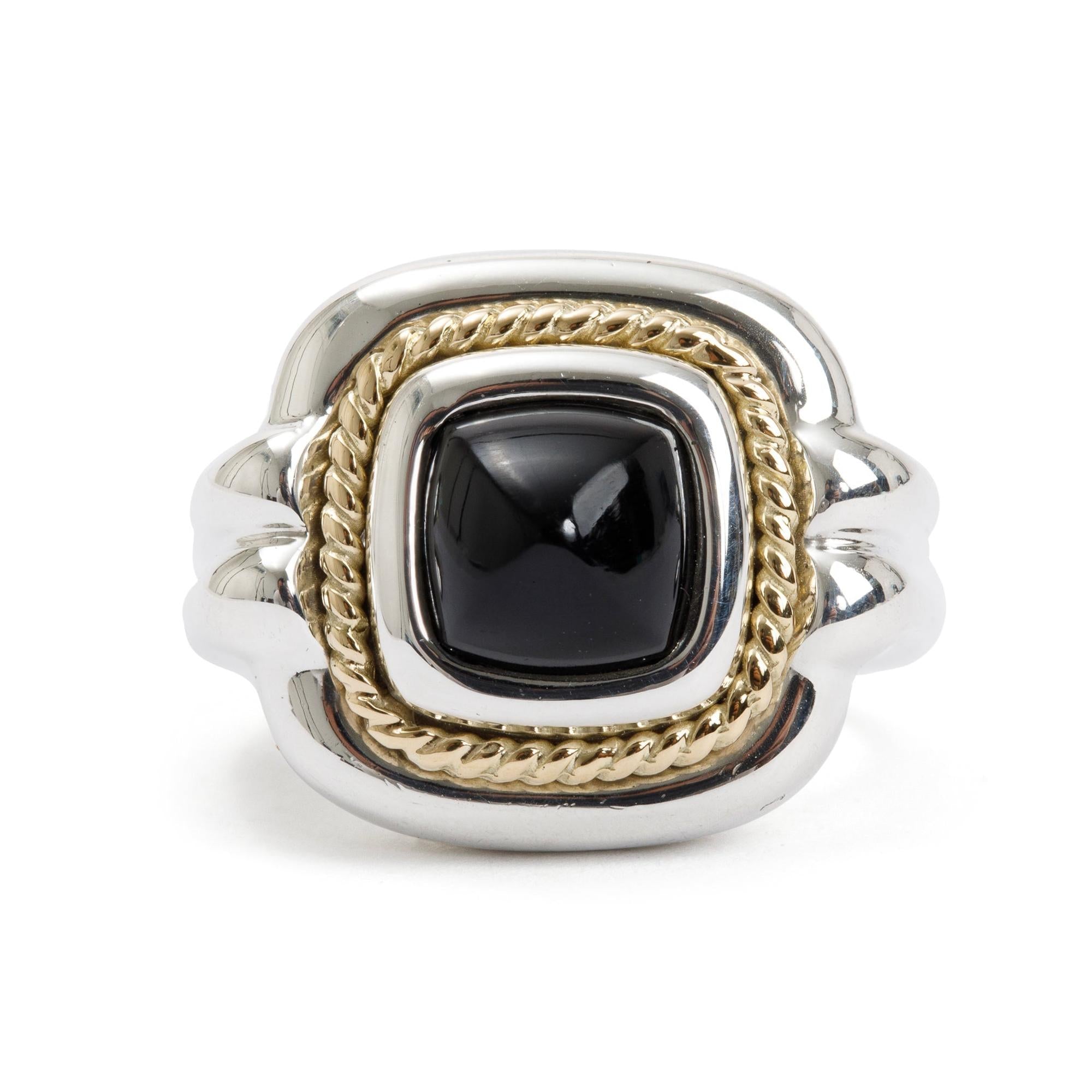 Tiffany & Co. Vintage Sterling Silver & 18k Yellow Gold Rope Onyx Cocktail Ring, Size 4.75 w/ Box