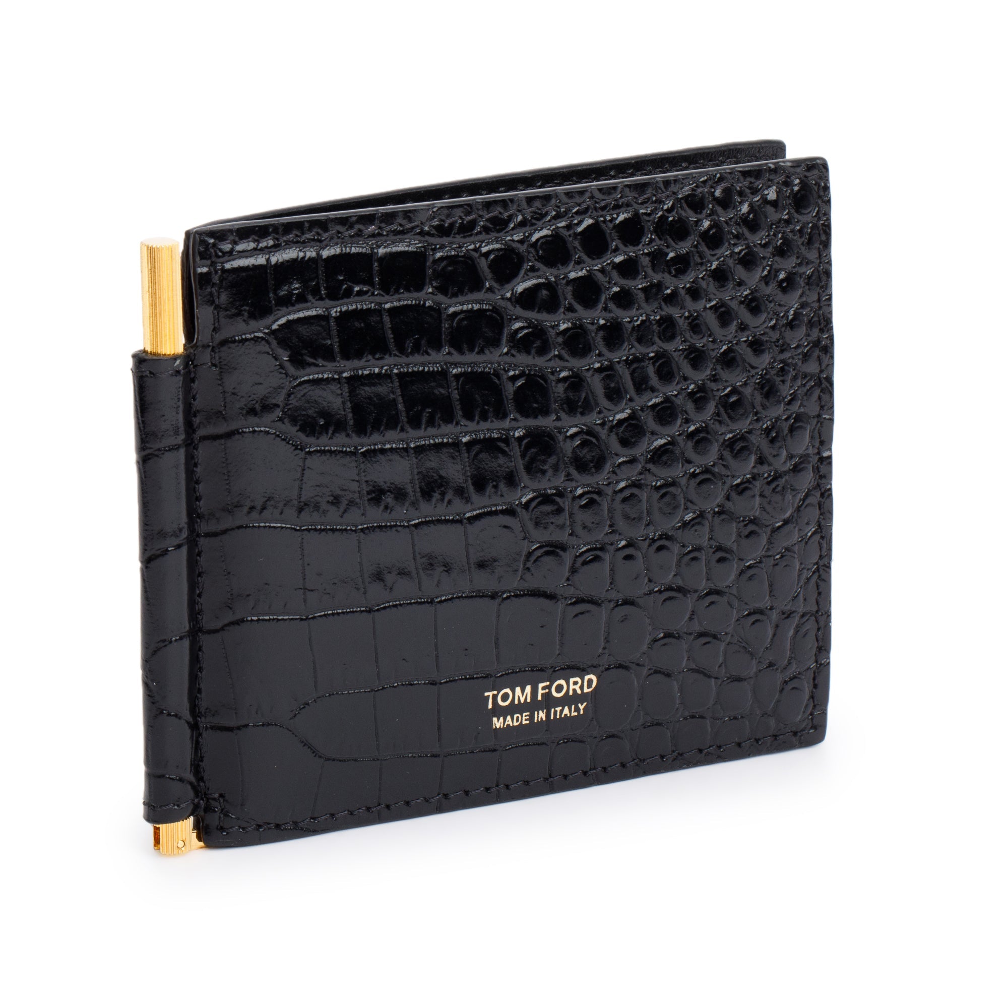 Tom Ford Black Alligator Embossed Leather Money Clip Bifold Wallet