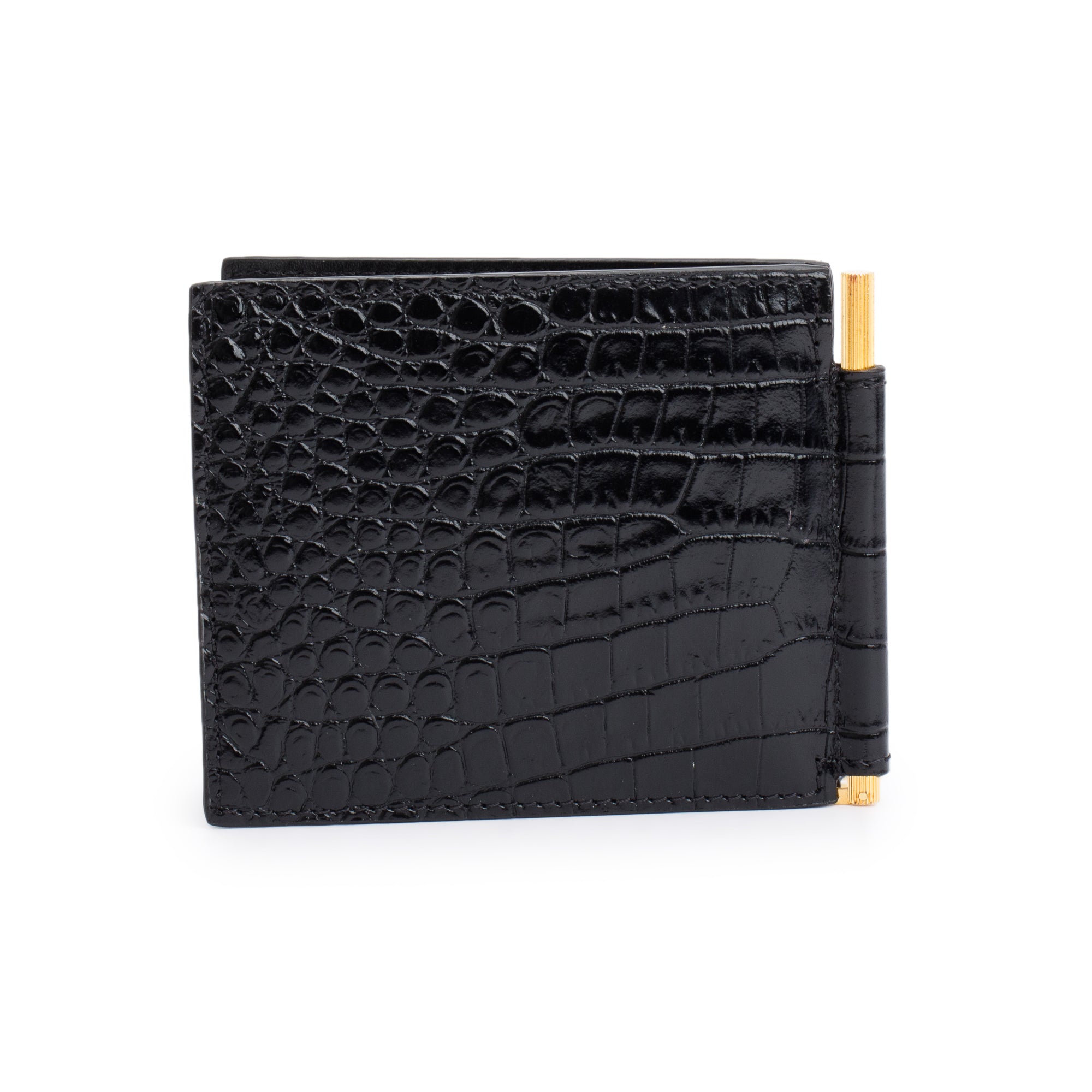 Tom Ford Black Alligator Embossed Leather Money Clip Bifold Wallet