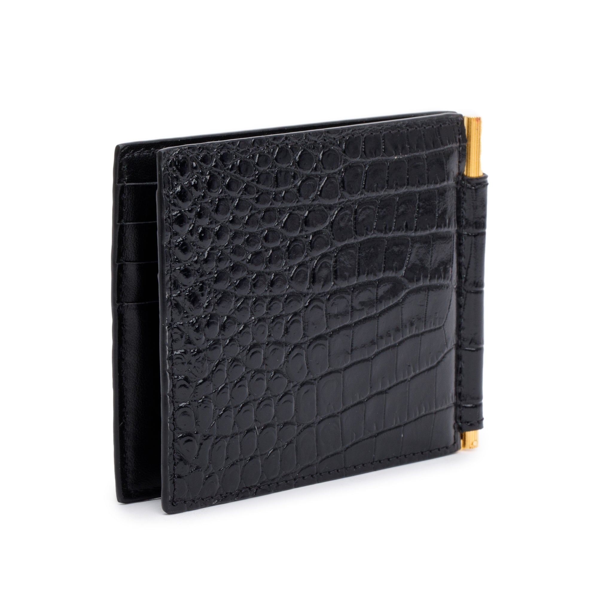 Tom Ford Black Alligator Embossed Leather Money Clip Bifold Wallet