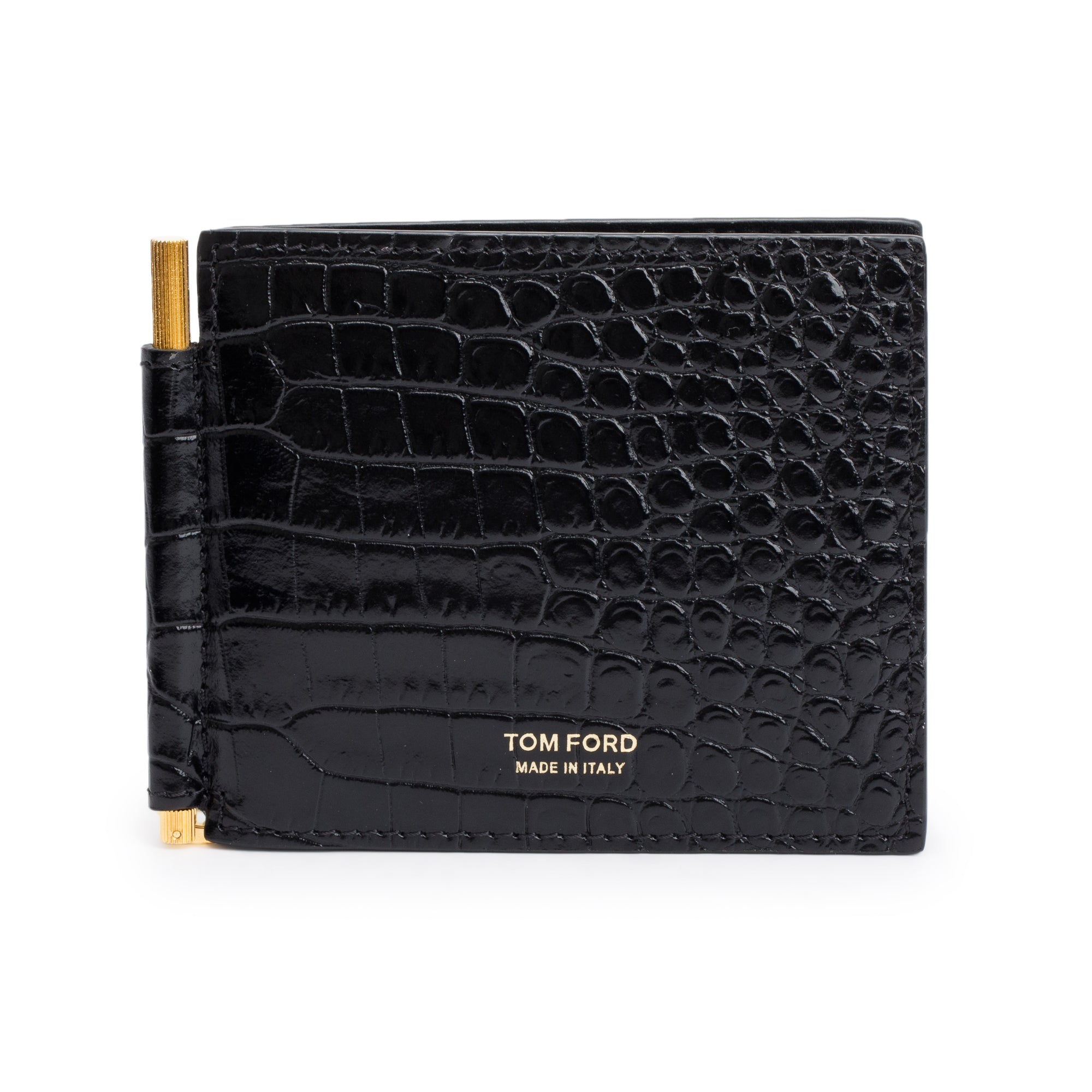 Tom Ford Black Alligator Embossed Leather Money Clip Bifold Wallet