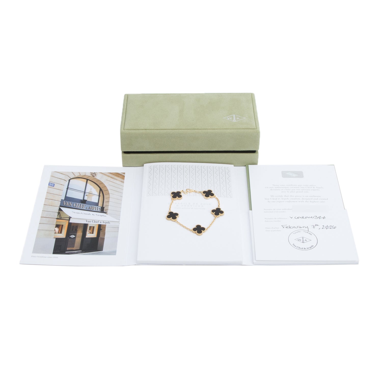 Van Cleef & Arpels 2026 18k Yellow Gold Vintage Alhambra 5 Motif Onyx Bracelet w/ Box & Certificate