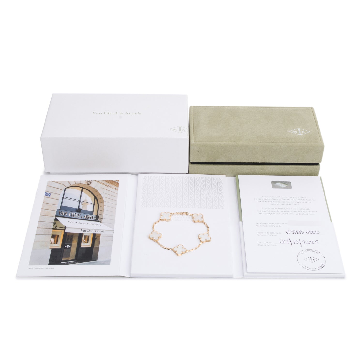 Van Cleef & Arpels 2025 18k Yellow Gold Vintage Alhambra 5 Motif Mother of Pearl Bracelet w/ Box, Receipt & Certificate