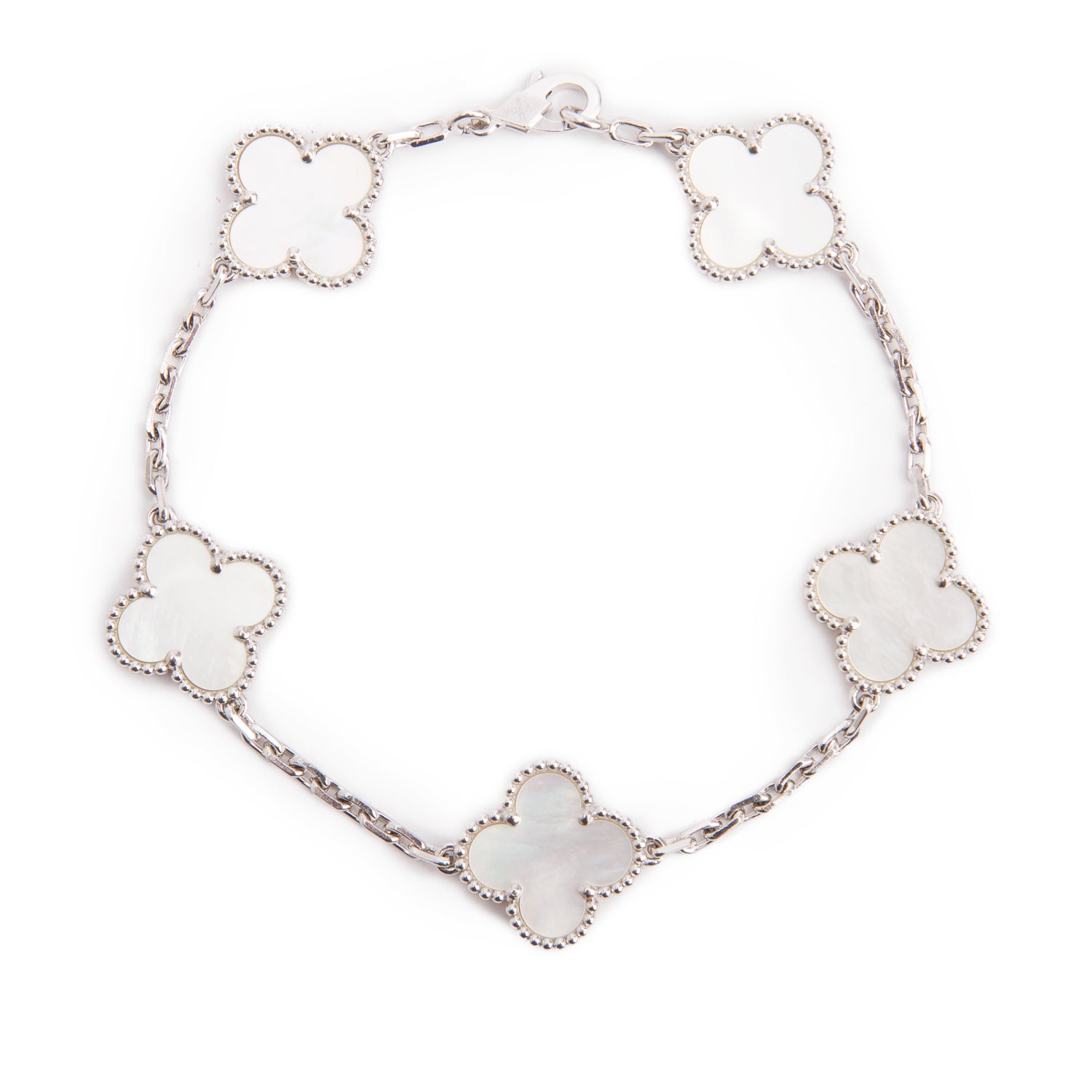 Van Cleef & Arpels 2023 18k White Gold Vintage Alhambra 5 Motif Mother of Pearl Bracelet w/ Box & Certificate