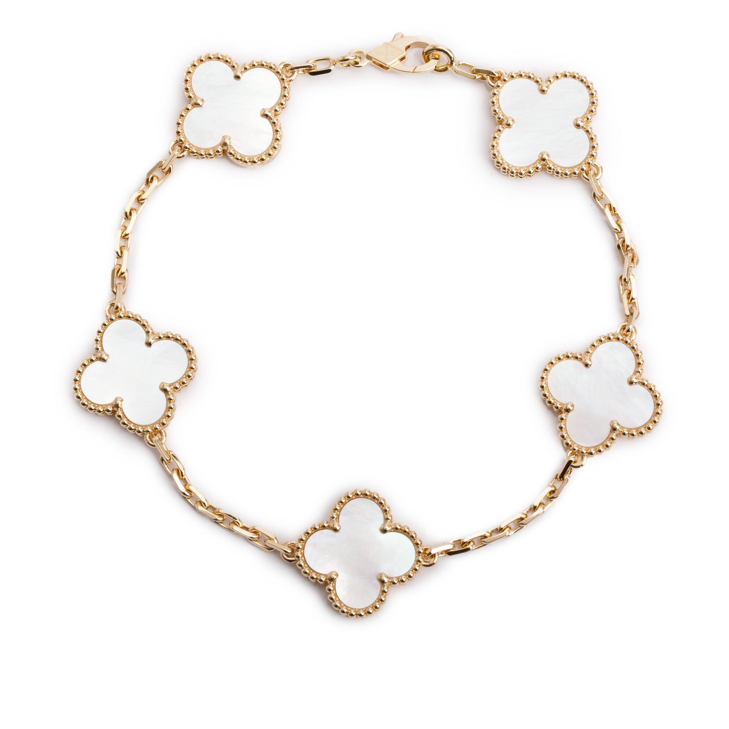 Van Cleef & Arpels 2025 18k Yellow Gold Vintage Alhambra 5 Motif Mother of Pearl Bracelet w/ Box, Receipt & Certificate