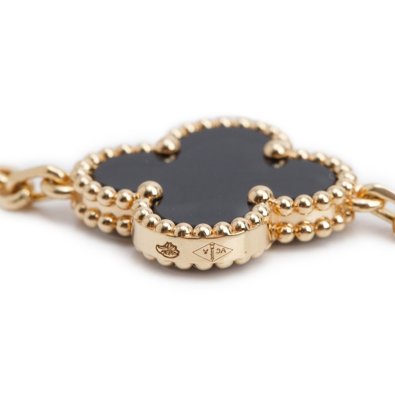 Van Cleef & Arpels 2026 18k Yellow Gold Vintage Alhambra 5 Motif Onyx Bracelet w/ Box & Certificate