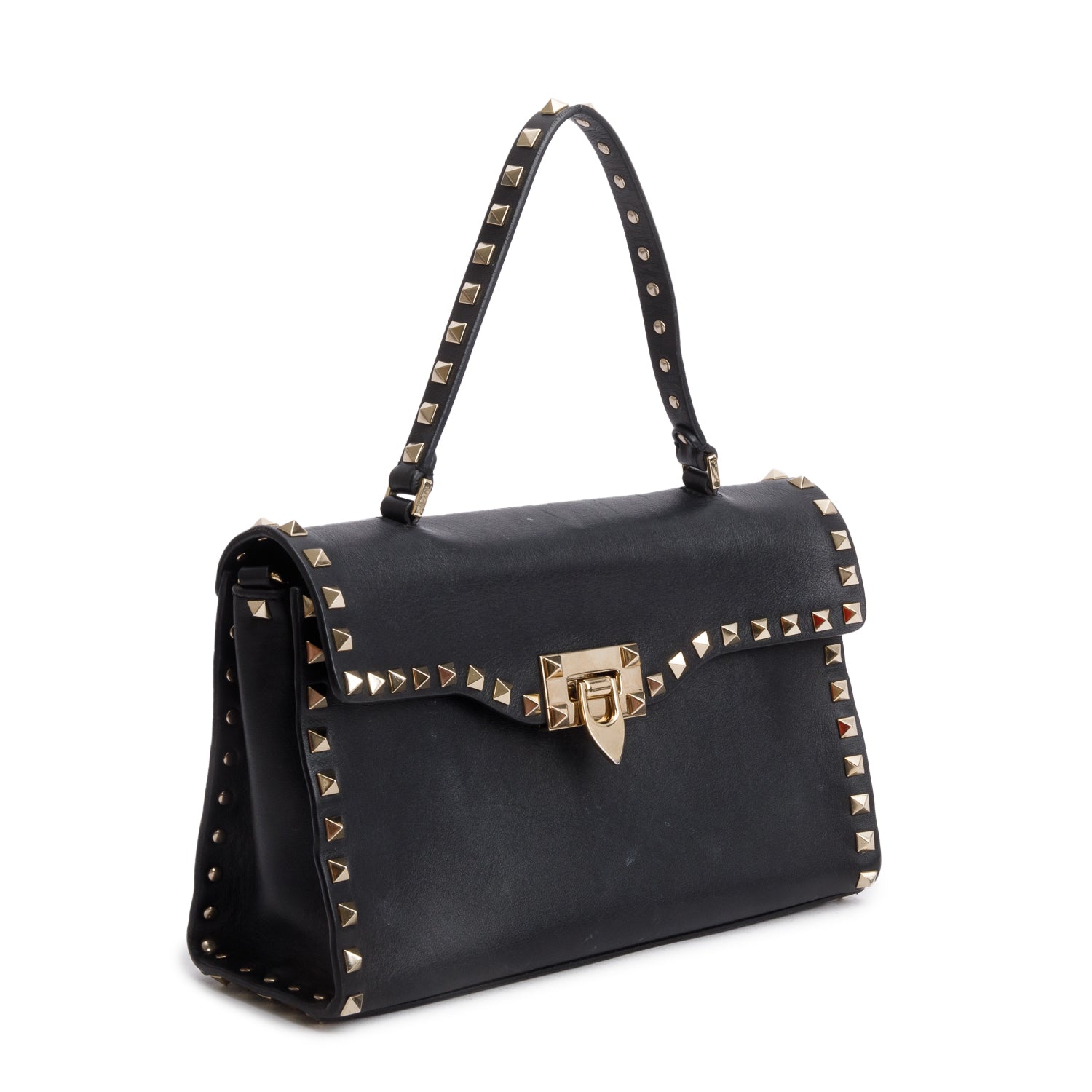 Valentino Black Smooth Calfskin Rockstud Top Handle Bag w/ Strap