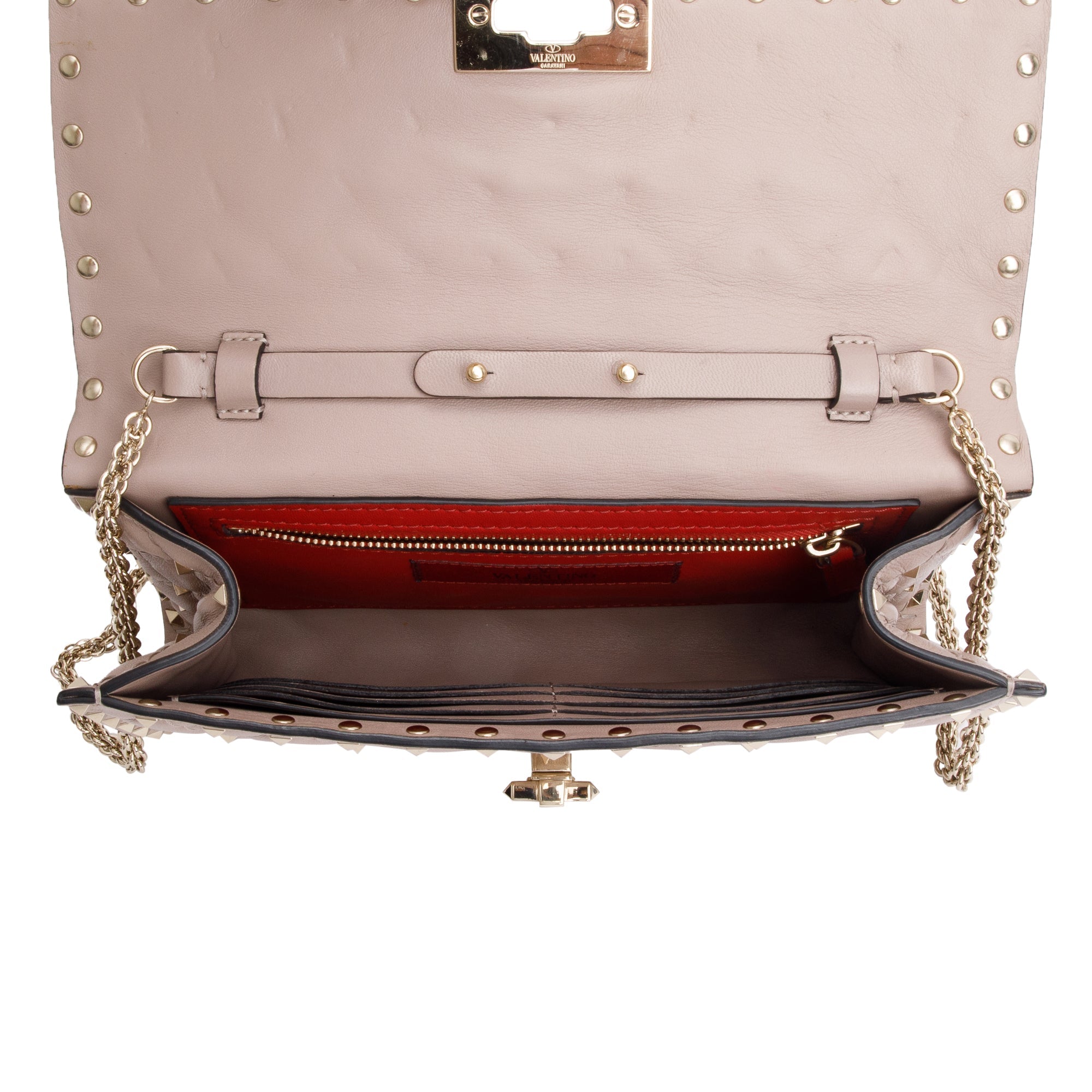 Valentino Beige Calfskin Leather Rockstud Spike Wallet On Chain