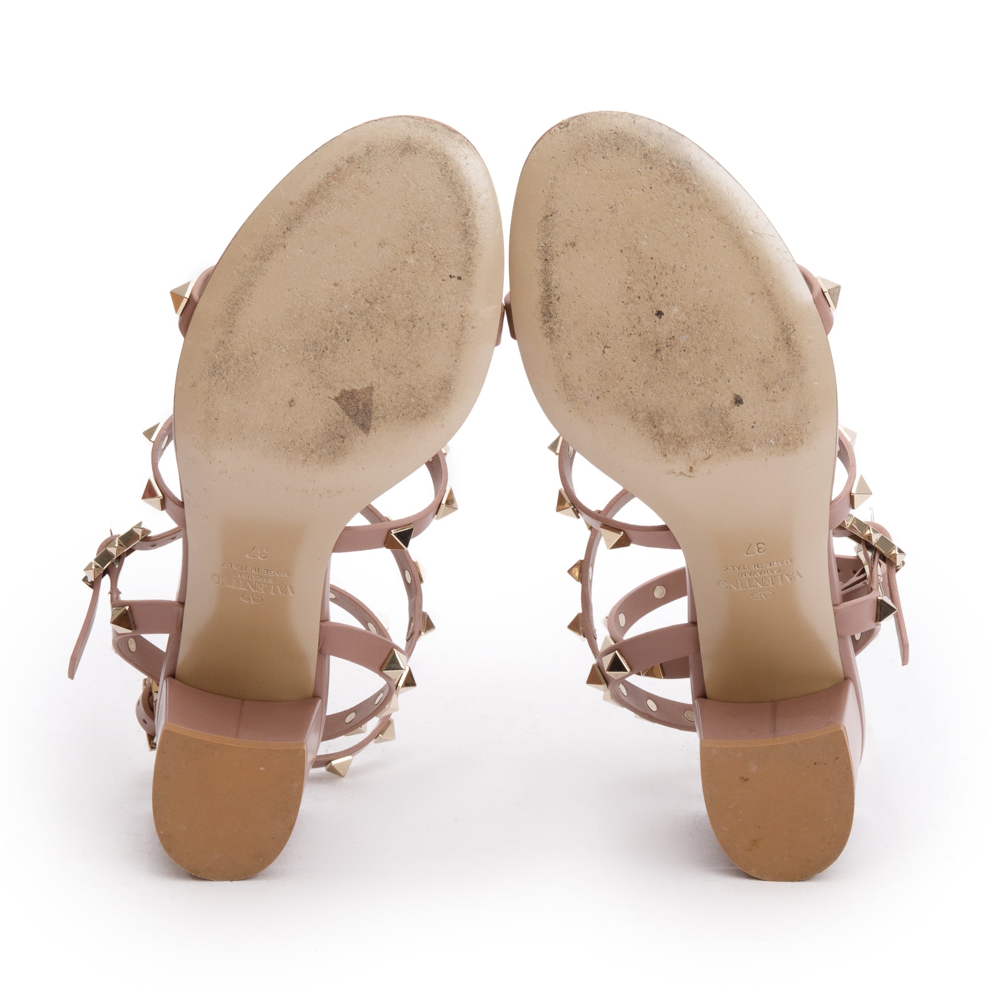 Valentino Beige Calfskin Rockstud Ankle Strap Sandals, Size 37 w/ Box