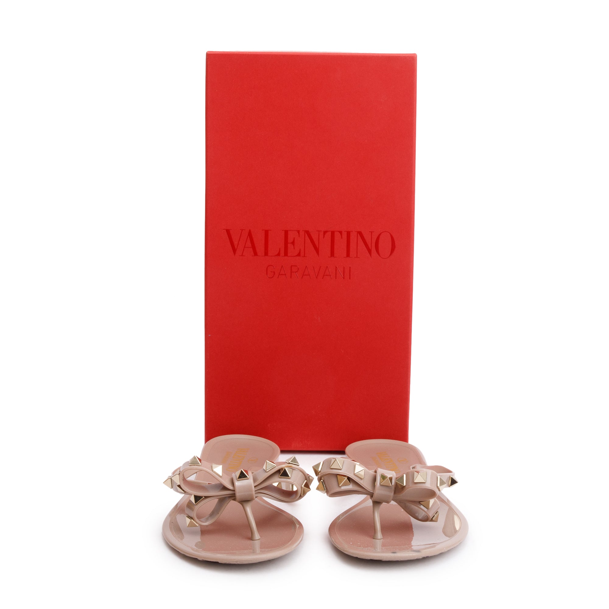 Valentino Beige Rubber Bow Rockstud Jelly Thong Sandals, Size 38 w/ Box