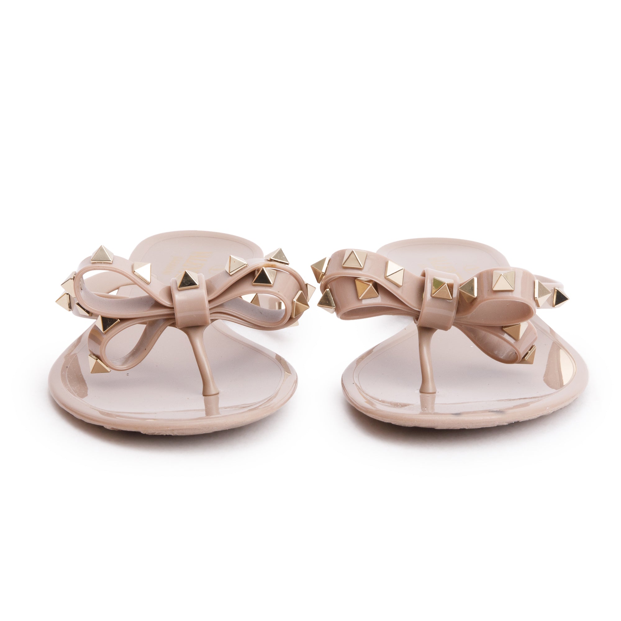 Valentino Beige Rubber Bow Rockstud Jelly Thong Sandals, Size 38 w/ Box