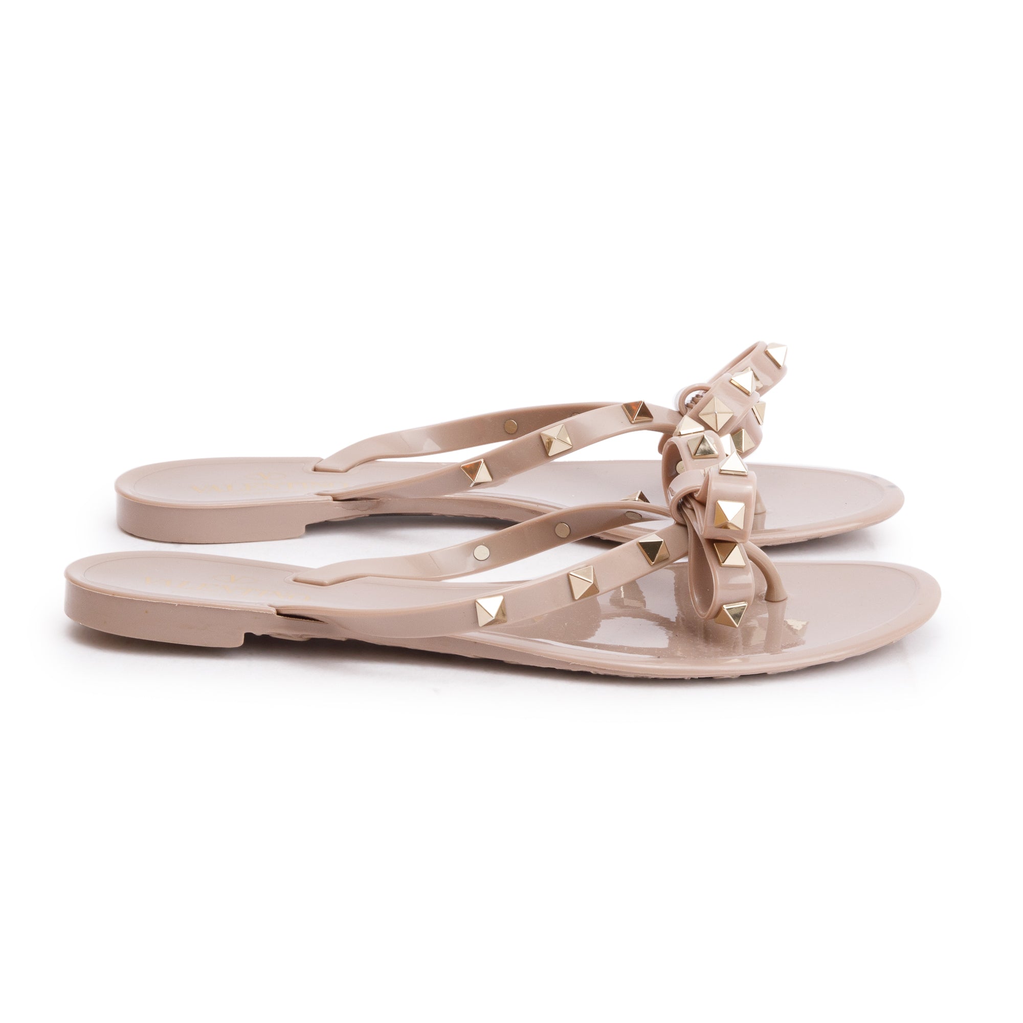 Valentino Beige Rubber Bow Rockstud Jelly Thong Sandals, Size 38 w/ Box