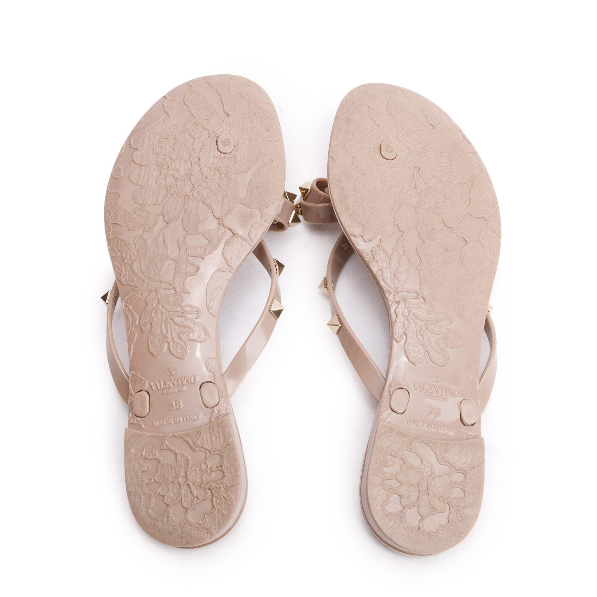Valentino Beige Rubber Bow Rockstud Jelly Thong Sandals, Size 38 w/ Box