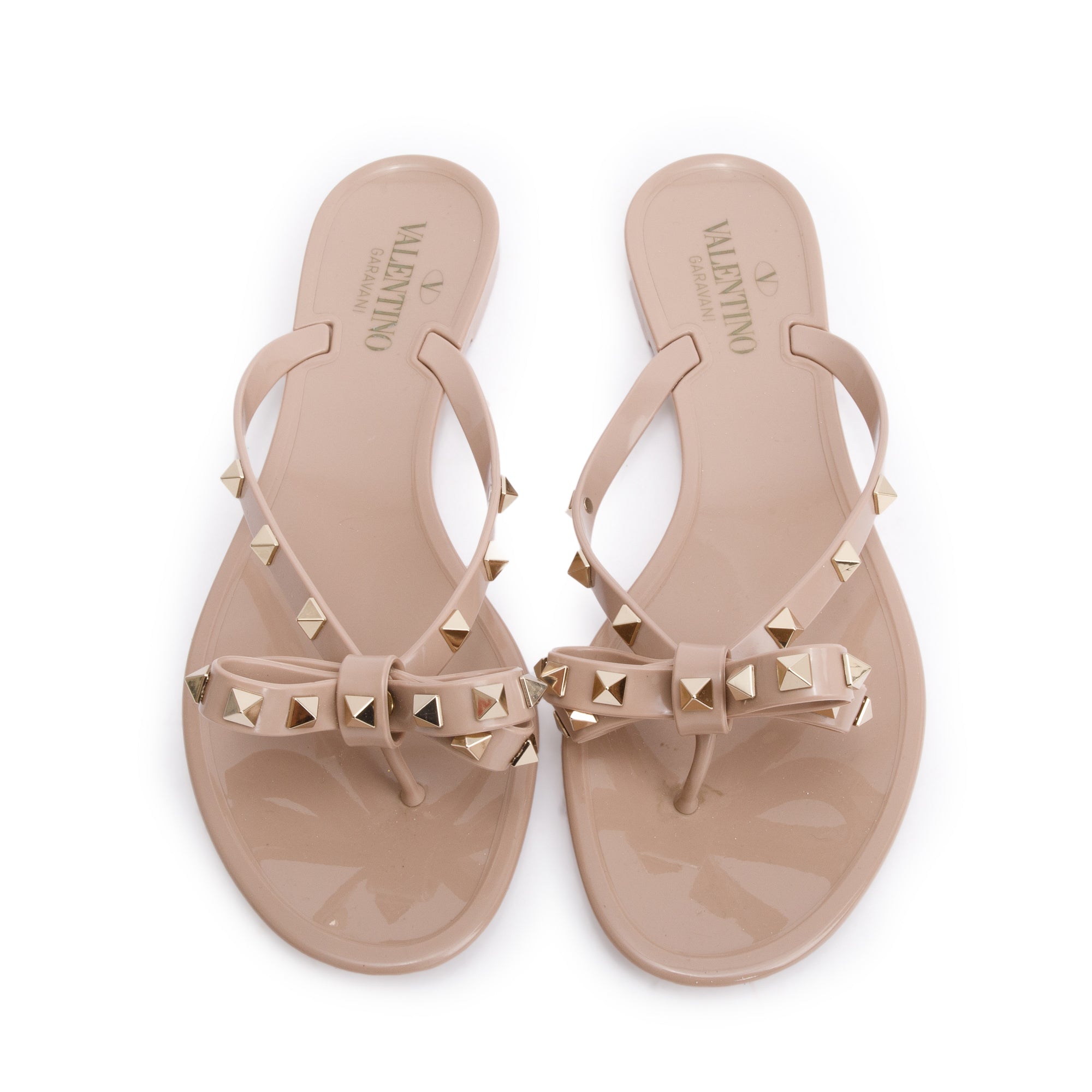 Valentino Beige Rubber Bow Rockstud Jelly Thong Sandals, Size 40 w/ Box
