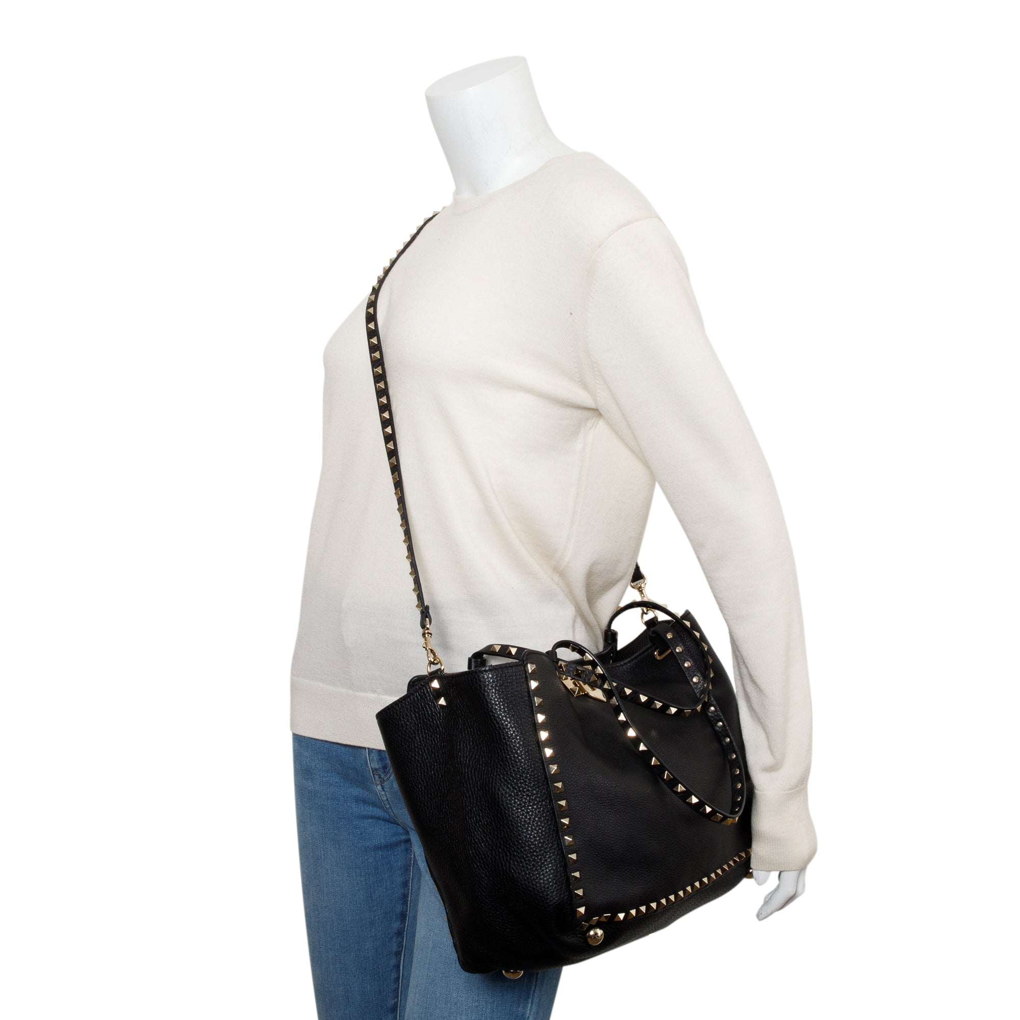 Valentino Black Calfskin Leather Medium Rockstud Tote Bag w/ Strap