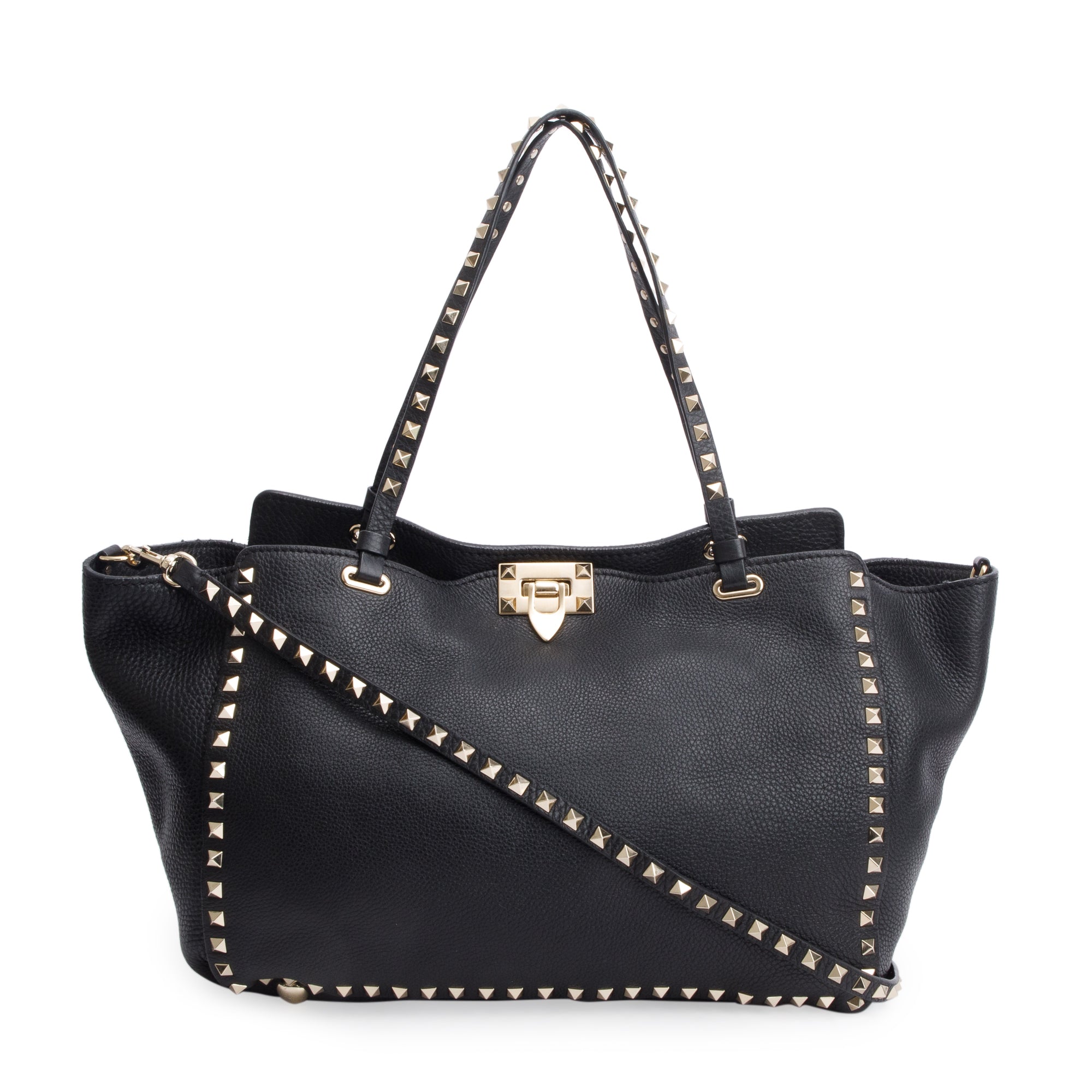 Valentino Black Calfskin Leather Medium Rockstud Tote Bag w/ Strap