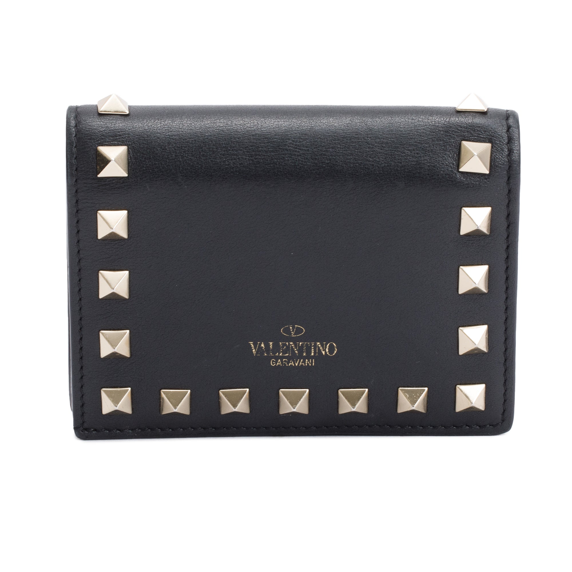 Valentino Black Calfskin Leather Rockstud Compact Wallet