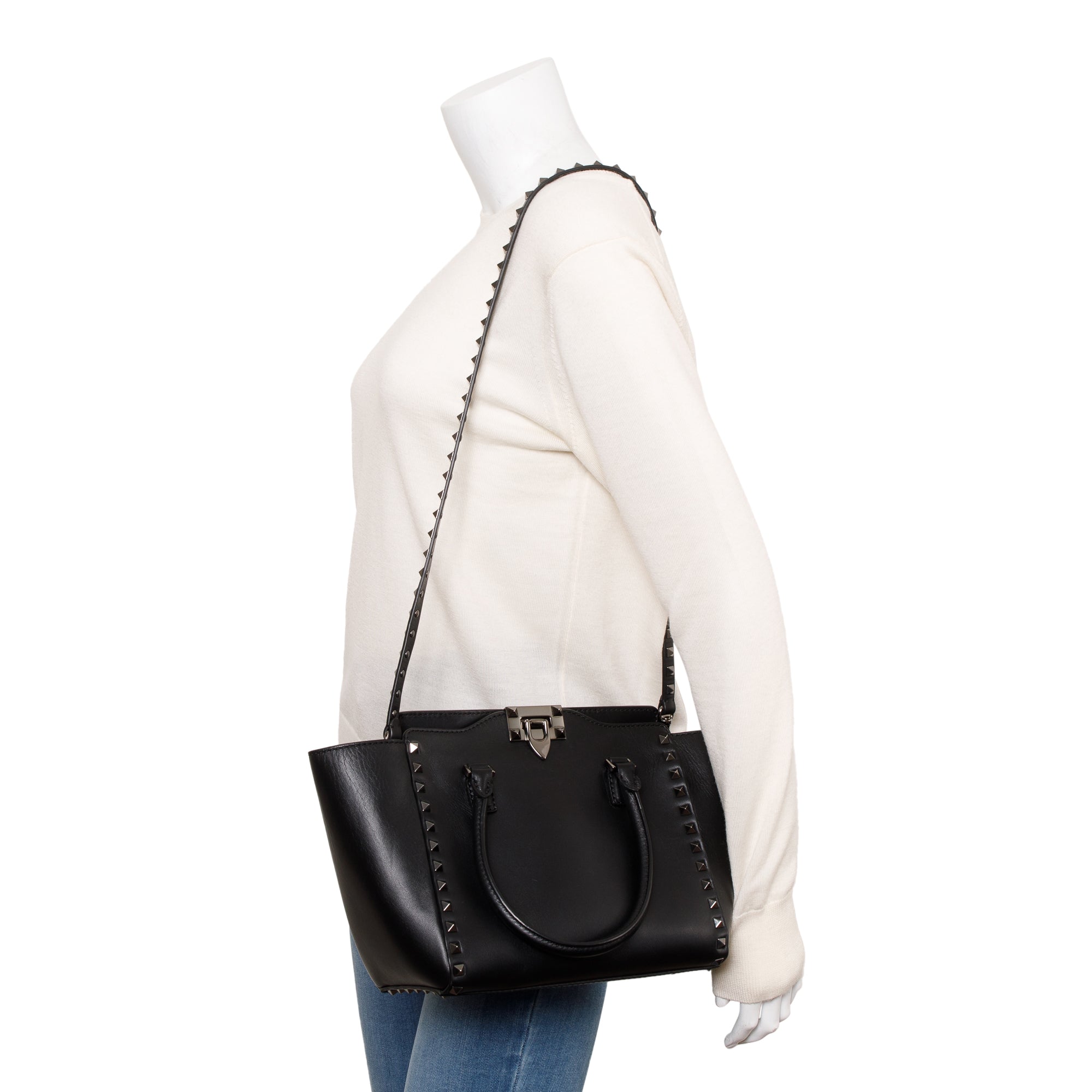 Valentino Black Calfskin Leather Small Rockstud Tote Bag w/ Strap