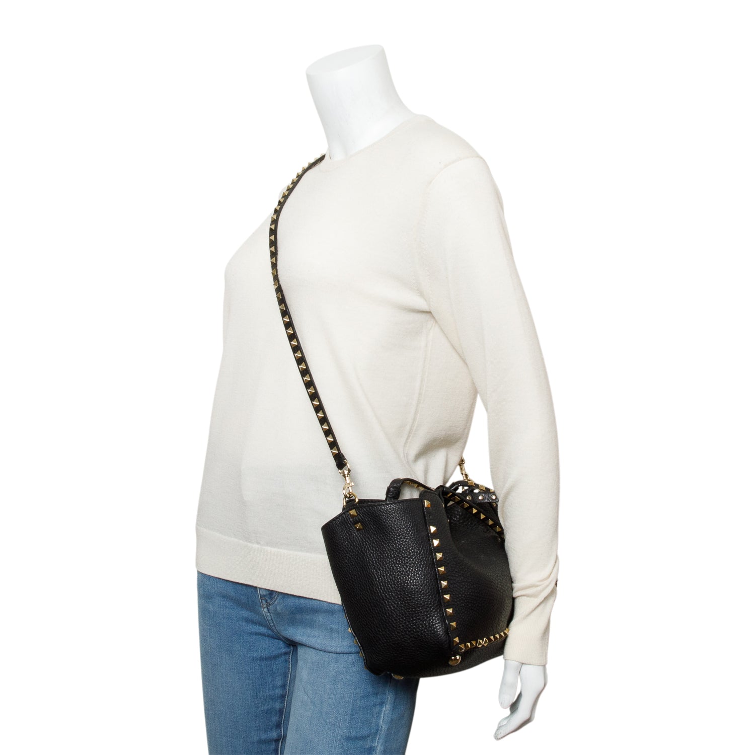 Valentino Black Calfskin Leather Small Rockstud Tote Bag w/ Strap