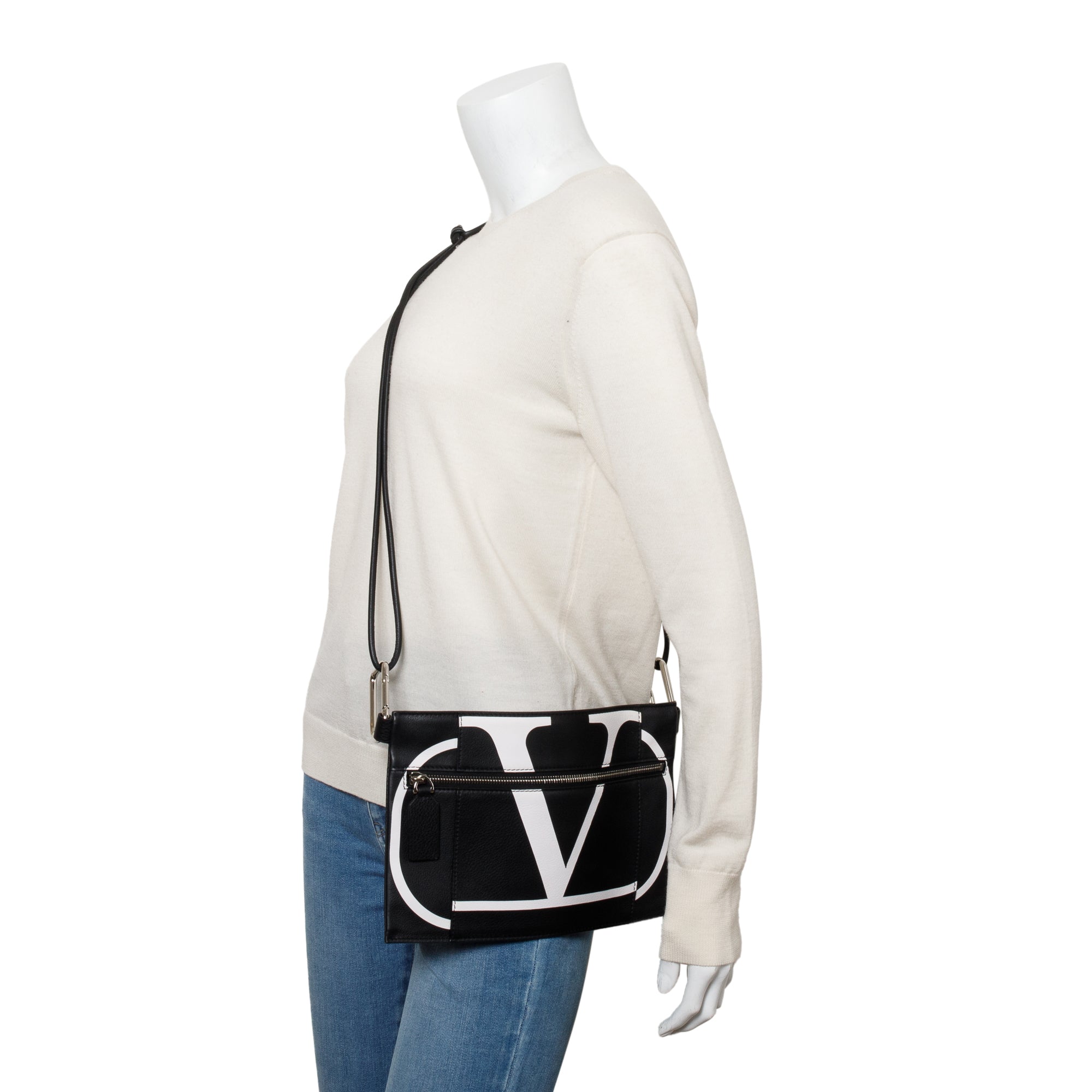 Valentino Black Calfskin Leather VLTN Messenger Pouch