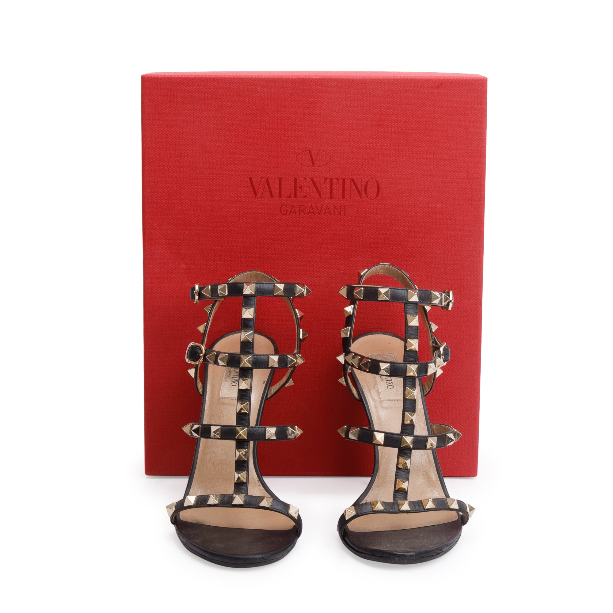 Valentino Black Calfskin Rockstud Ankle Strap Heeled Sandals, Size 39 w/ Box