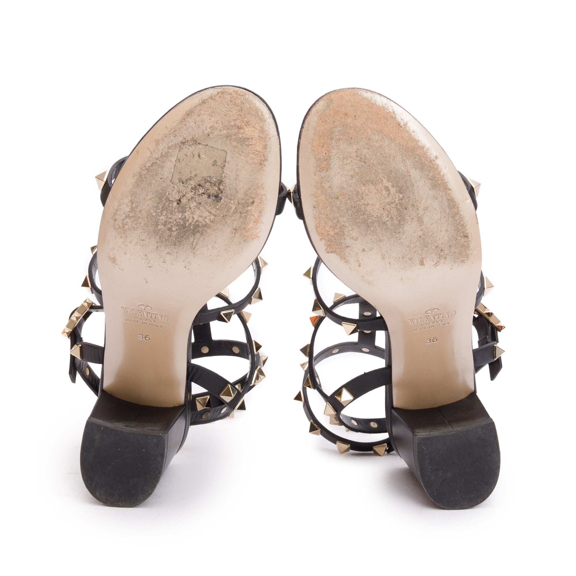 Valentino Black Calfskin Rockstud Ankle Strap Sandals, Size 35