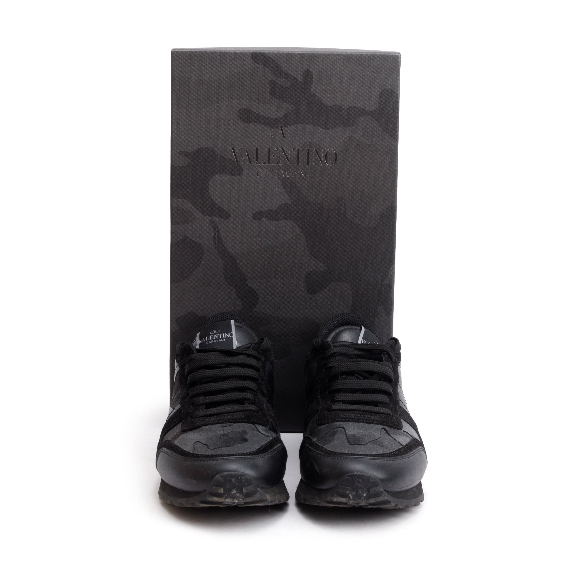 Valentino Black Camouflage Fabric Leather Rockrunner Sneakers, Size 42 w/ Box