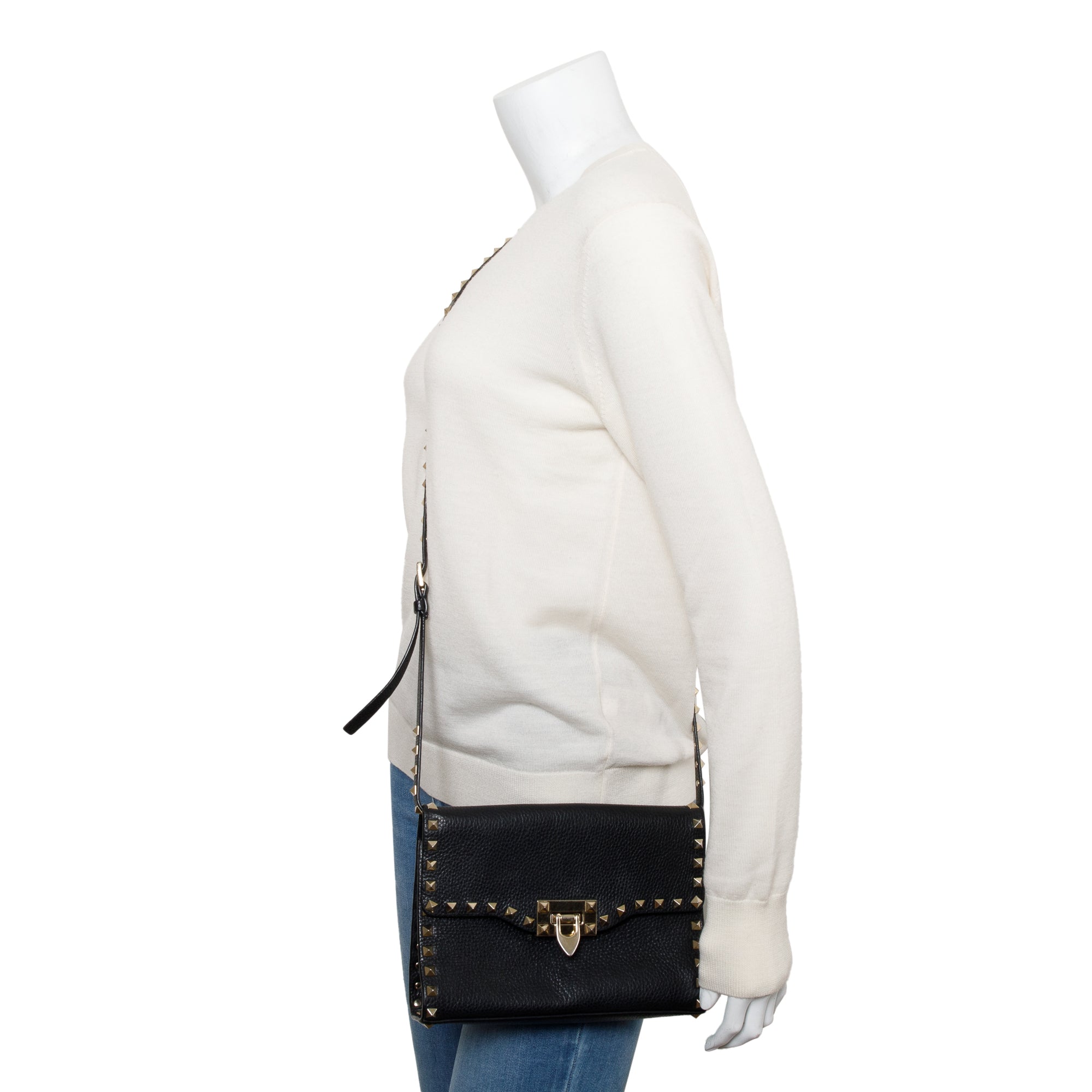 Valentino Black Grained Calfskin Leather Rockstud Crossbody Bag