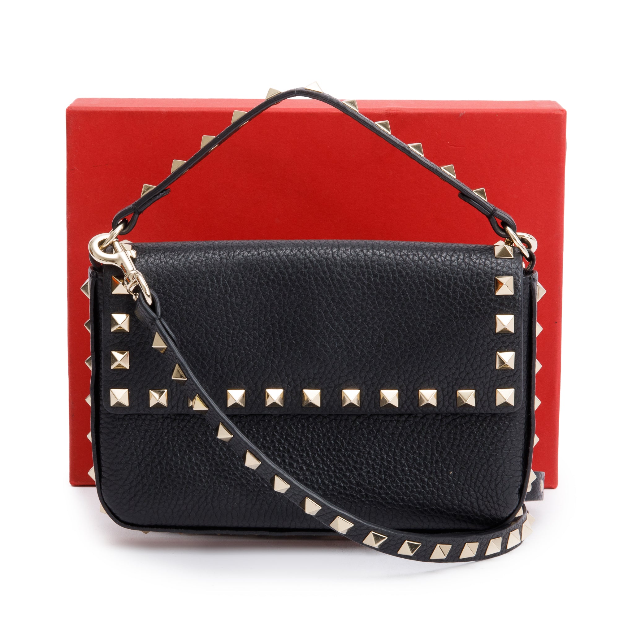 Valentino Black Grained Calfskin Leather Rockstud Handie Mini Crossbody Bag w/ Box