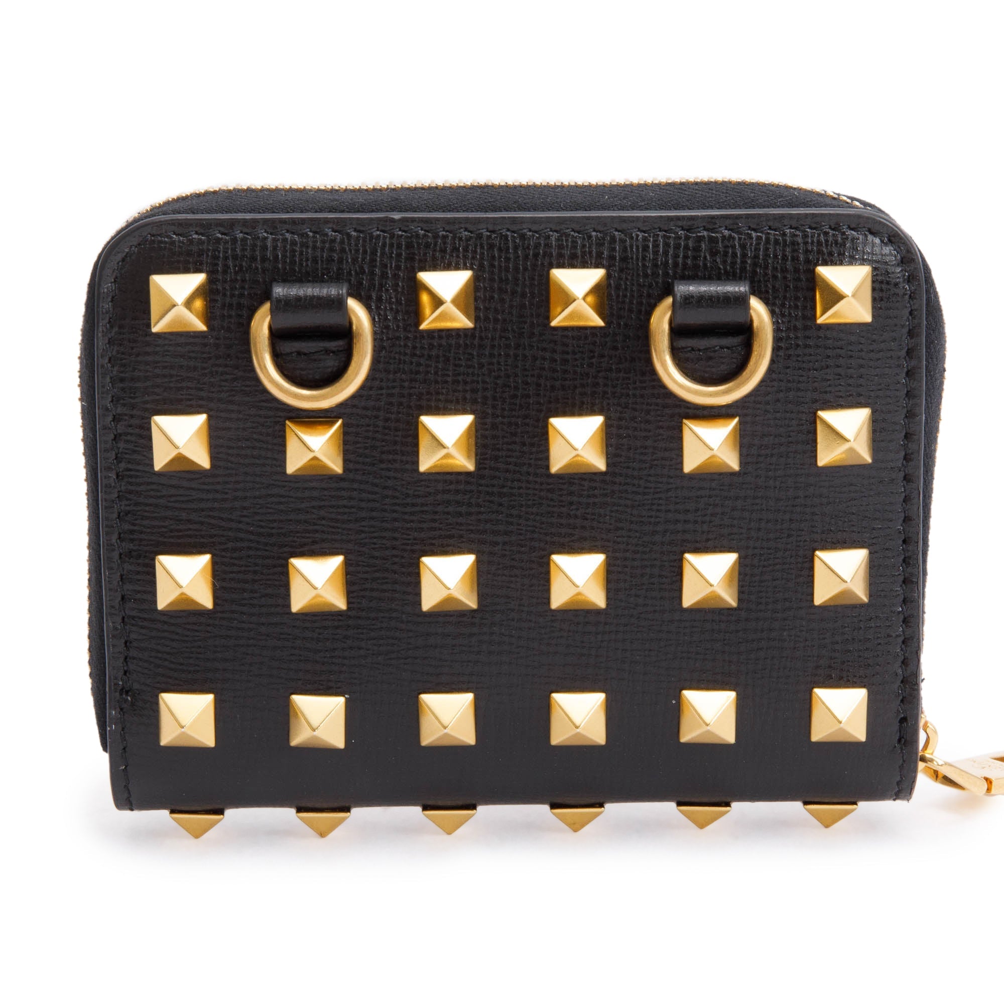 Valentino Black Leather Rockstud Spike Zip Around Card Holder Wallet w/ Strap