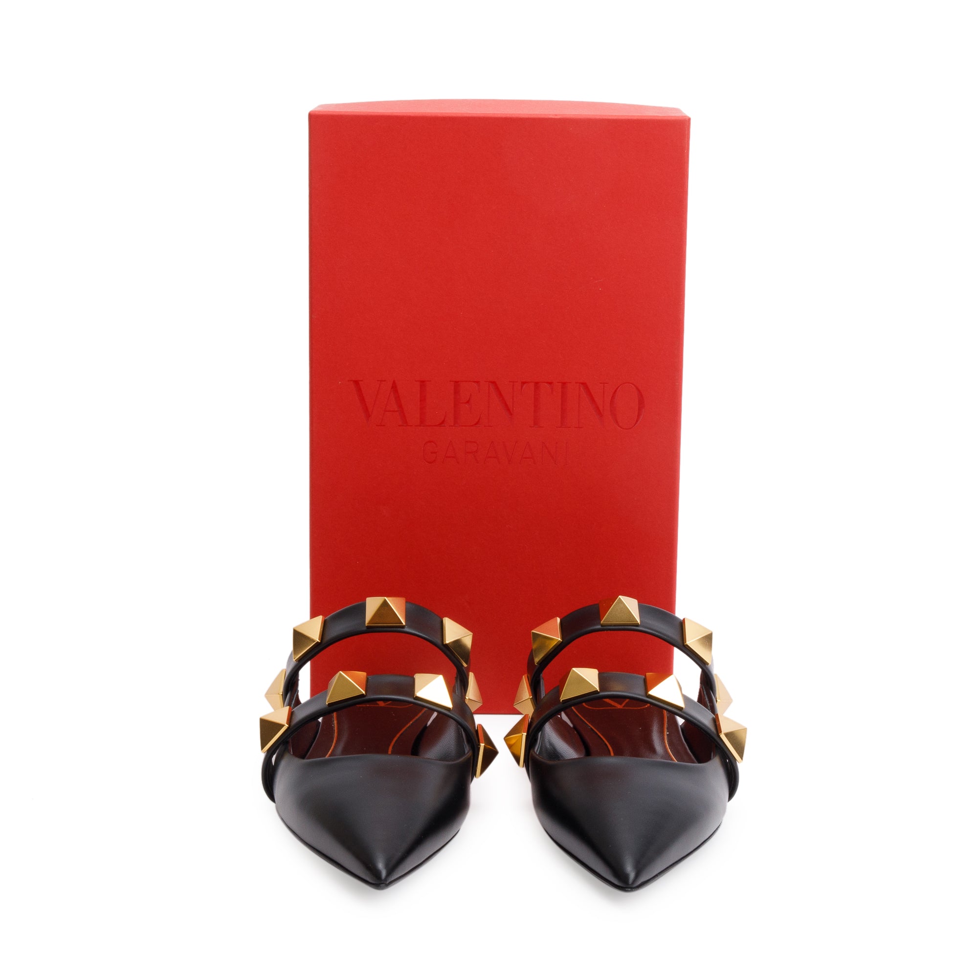 Valentino Black Leather Roman Stud Flat Mule, Size 40 w/ Box