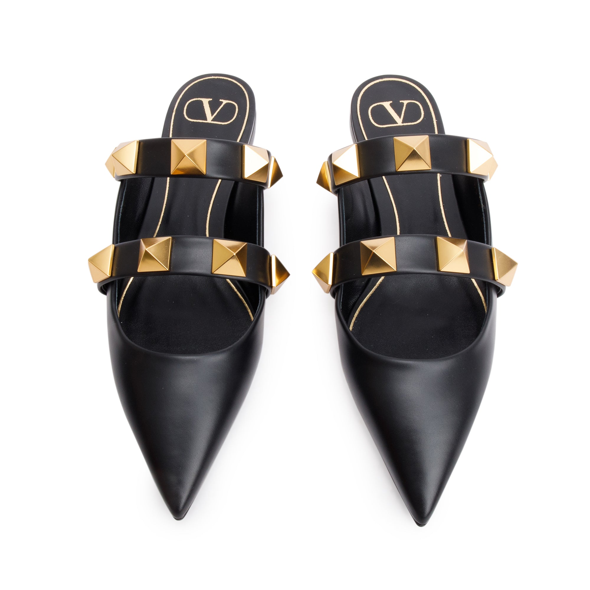 Valentino Black Leather Roman Stud Flat Mule, Size 40 w/ Box