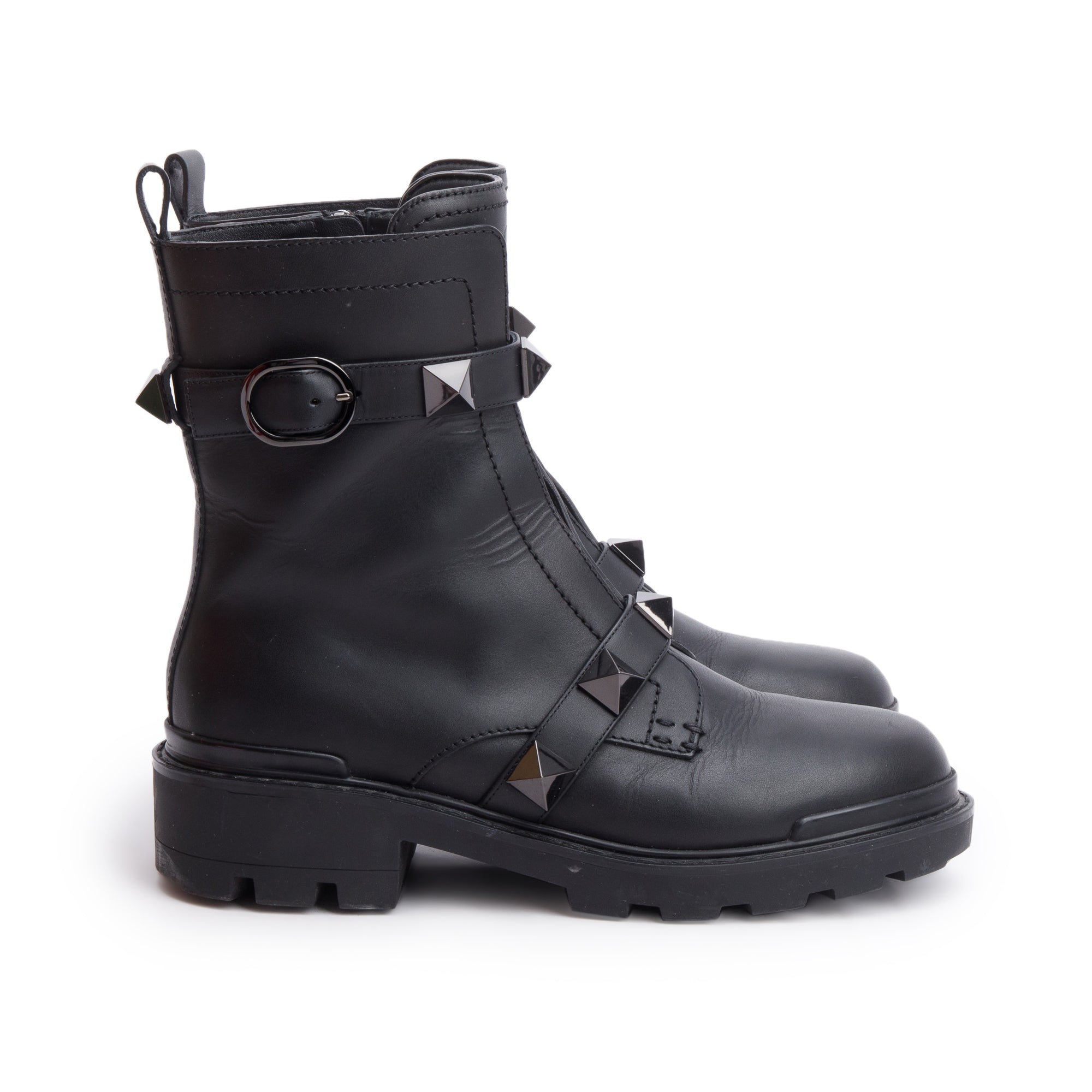 Valentino Black Leather Tonal Roman Studs Combat Boots, Size 41 w/ Box