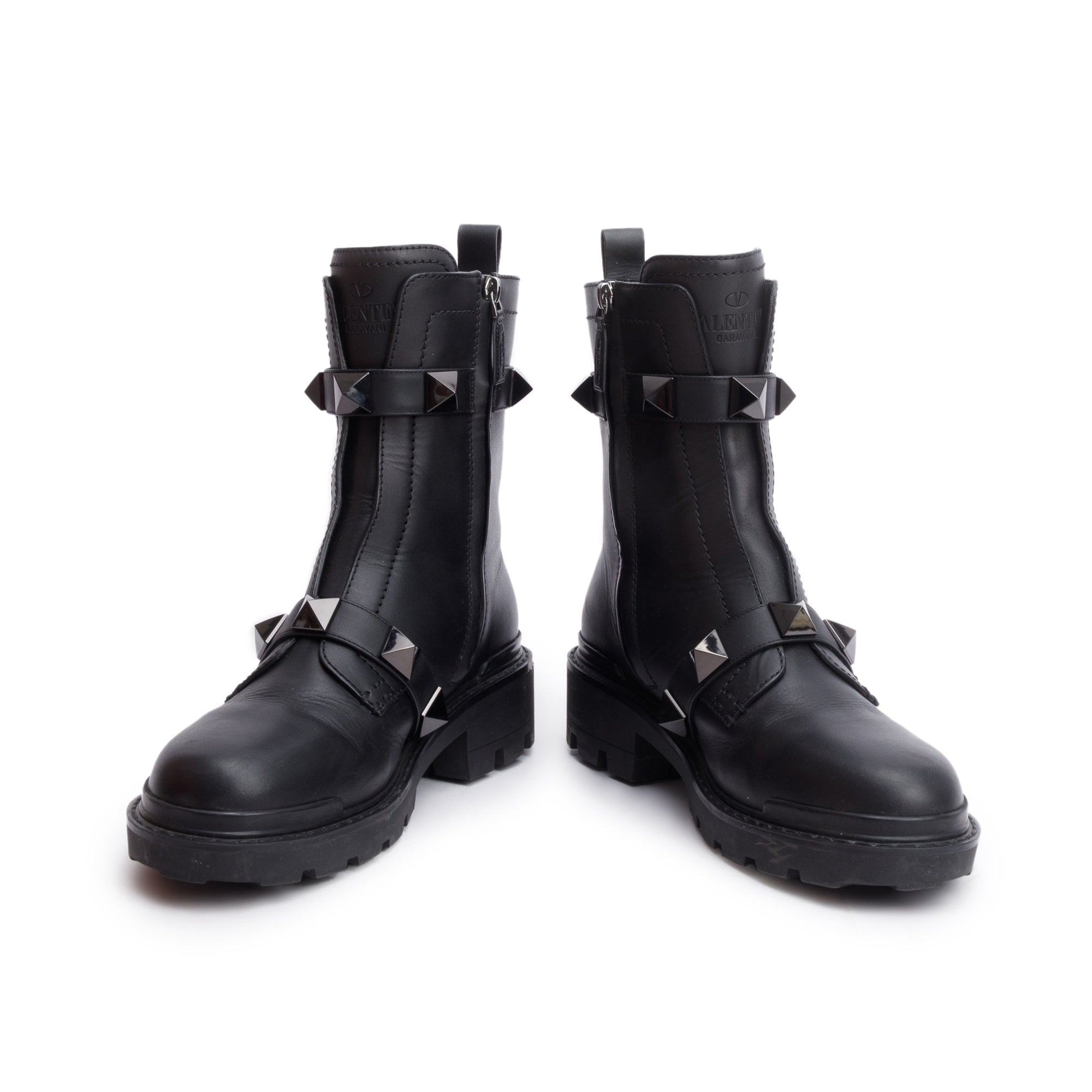 Valentino Black Leather Tonal Roman Studs Combat Boots, Size 41 w/ Box