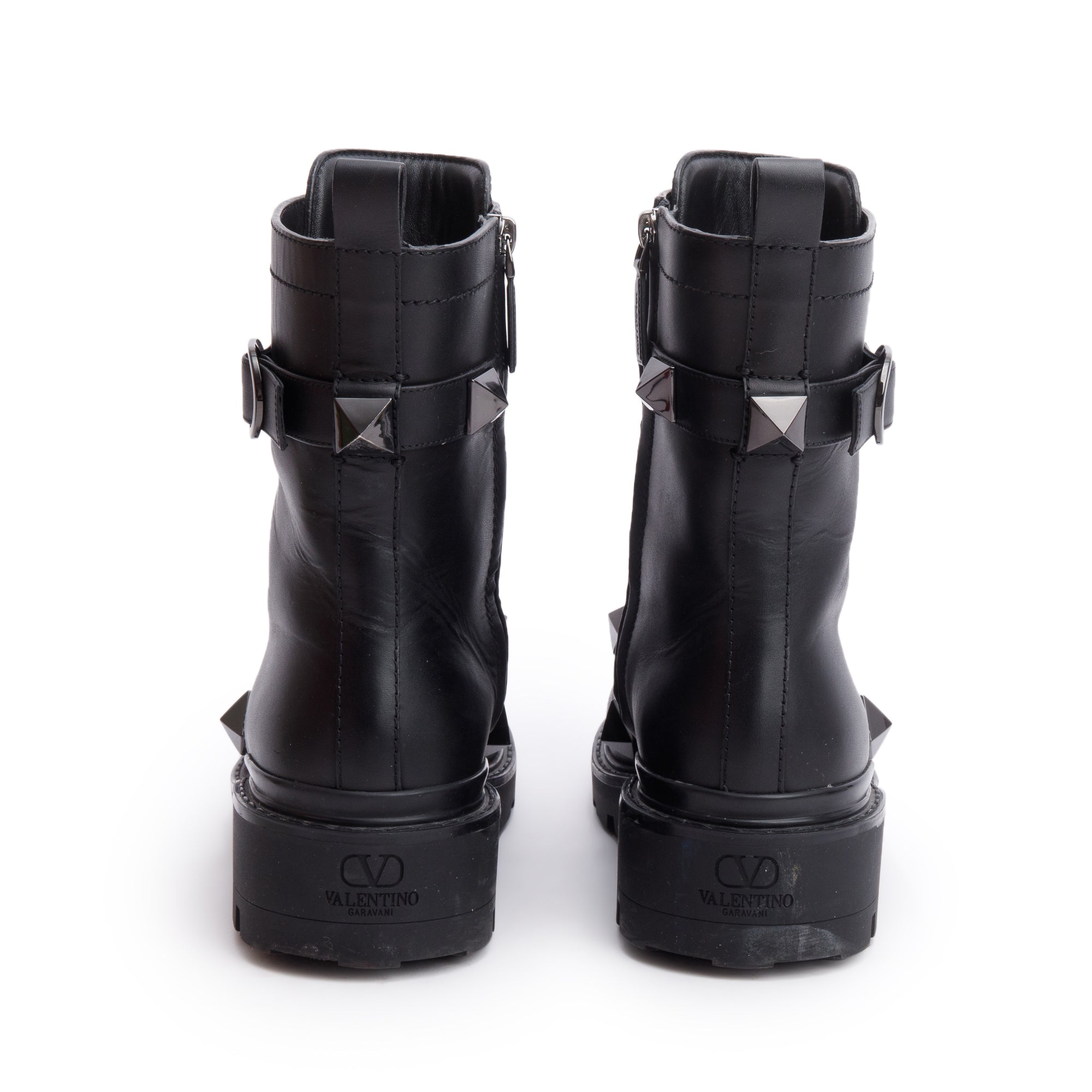 Valentino Black Leather Tonal Roman Studs Combat Boots, Size 41 w/ Box
