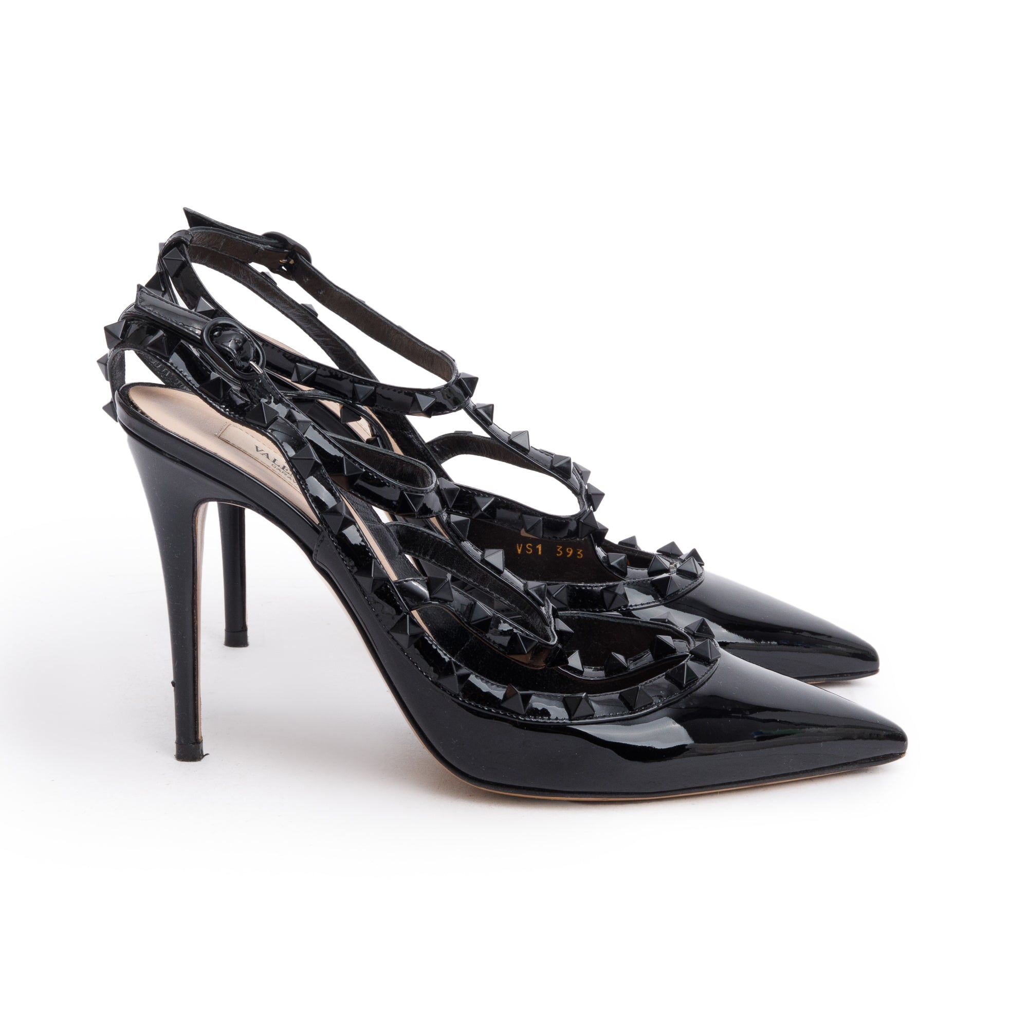 Valentino Black Patent Leather Rockstud Ankle Strap Pump, Size 41
