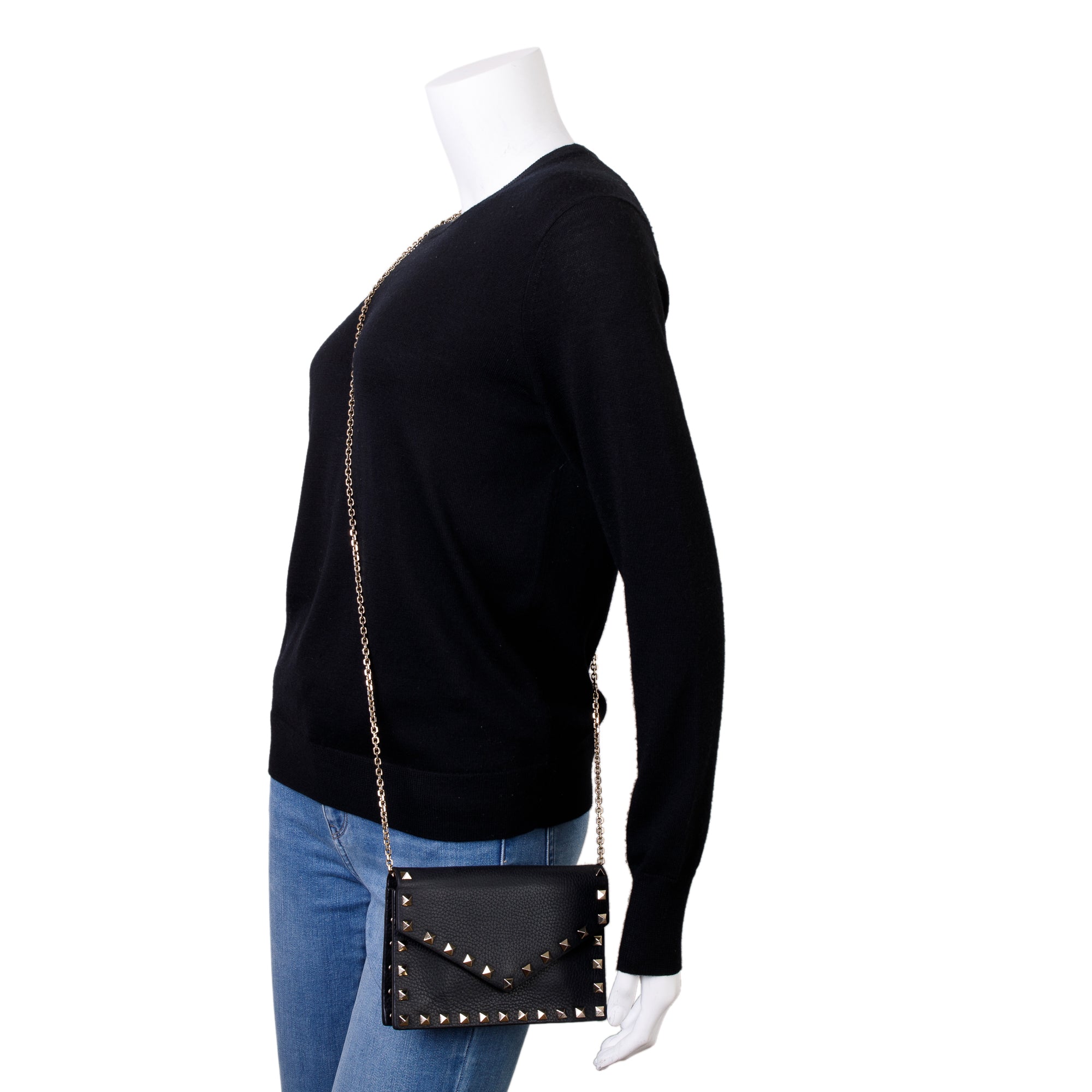 Valentino Black Pebbled Calfskin Rockstud Envelope Wallet on Chain w/ Box