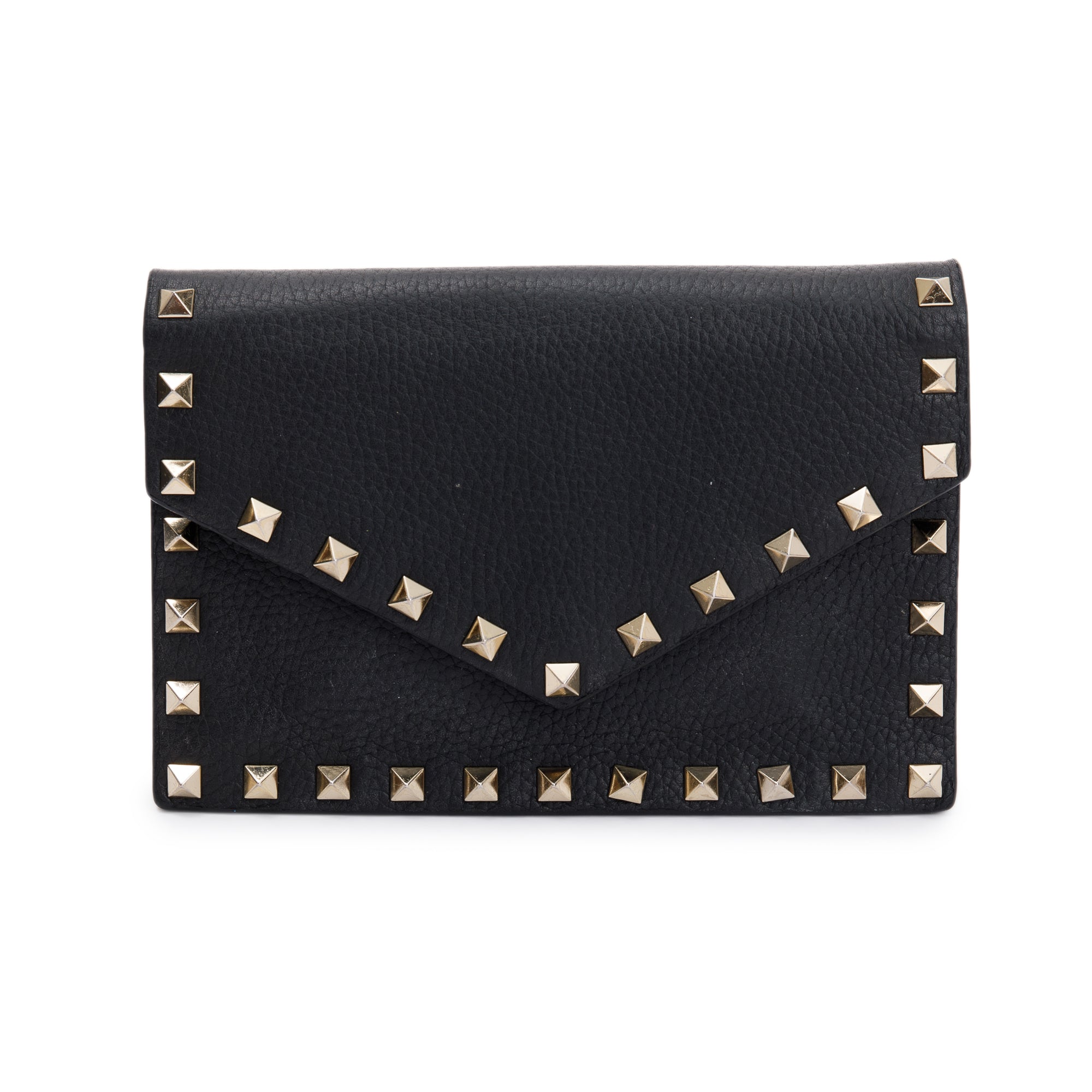 Valentino Black Pebbled Calfskin Rockstud Envelope Wallet on Chain w/ Box