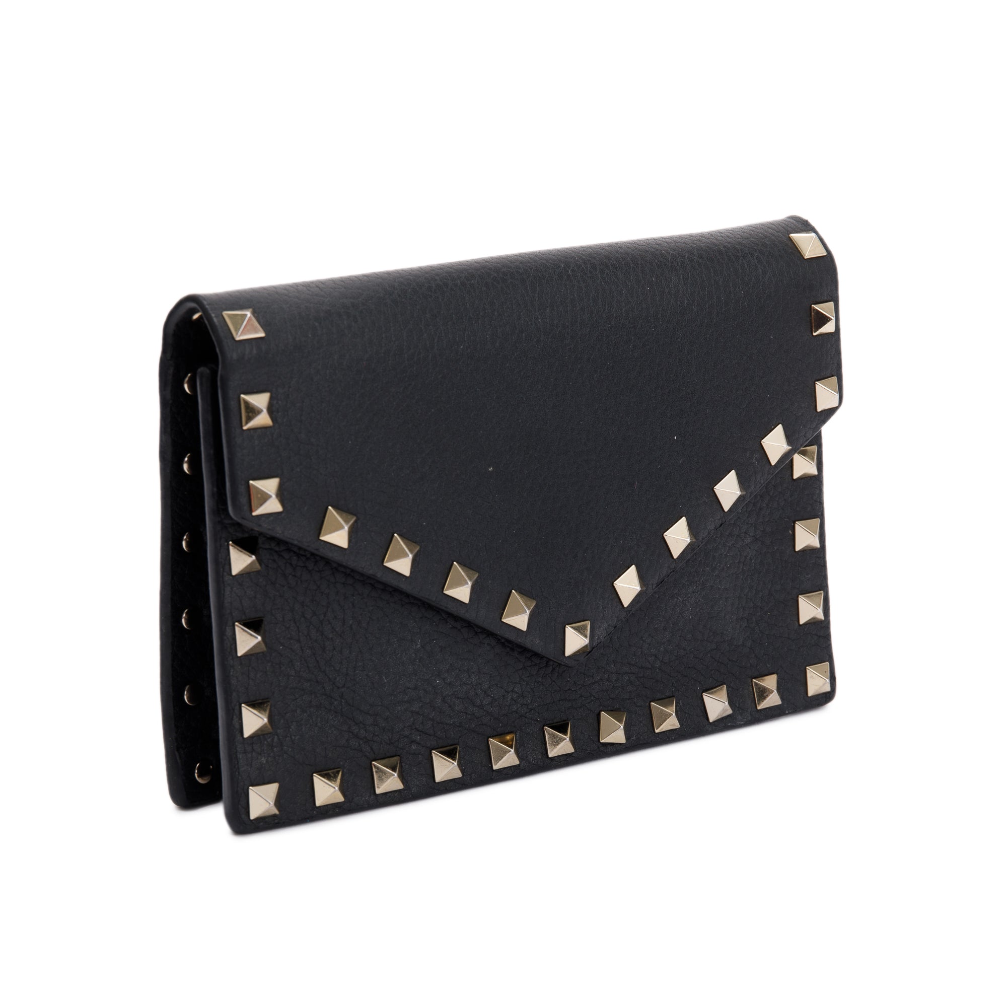 Valentino Black Pebbled Calfskin Rockstud Envelope Wallet on Chain w/ Box