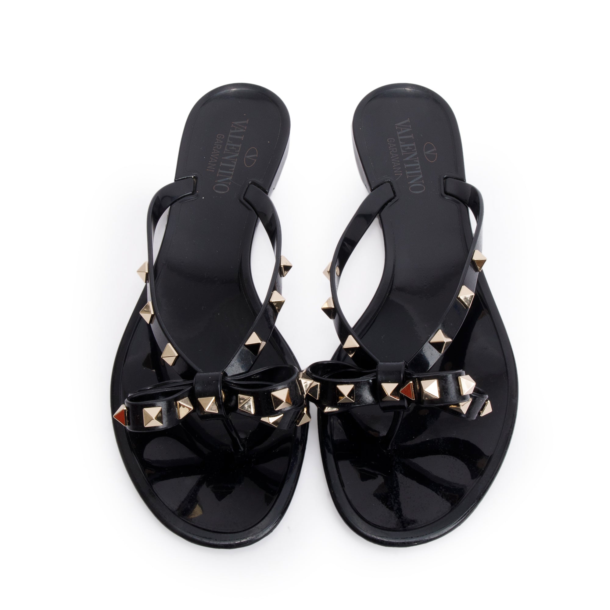 Valentino Black Rubber Bow Rockstud Jelly Thong Sandals, Size 40 w/ Box