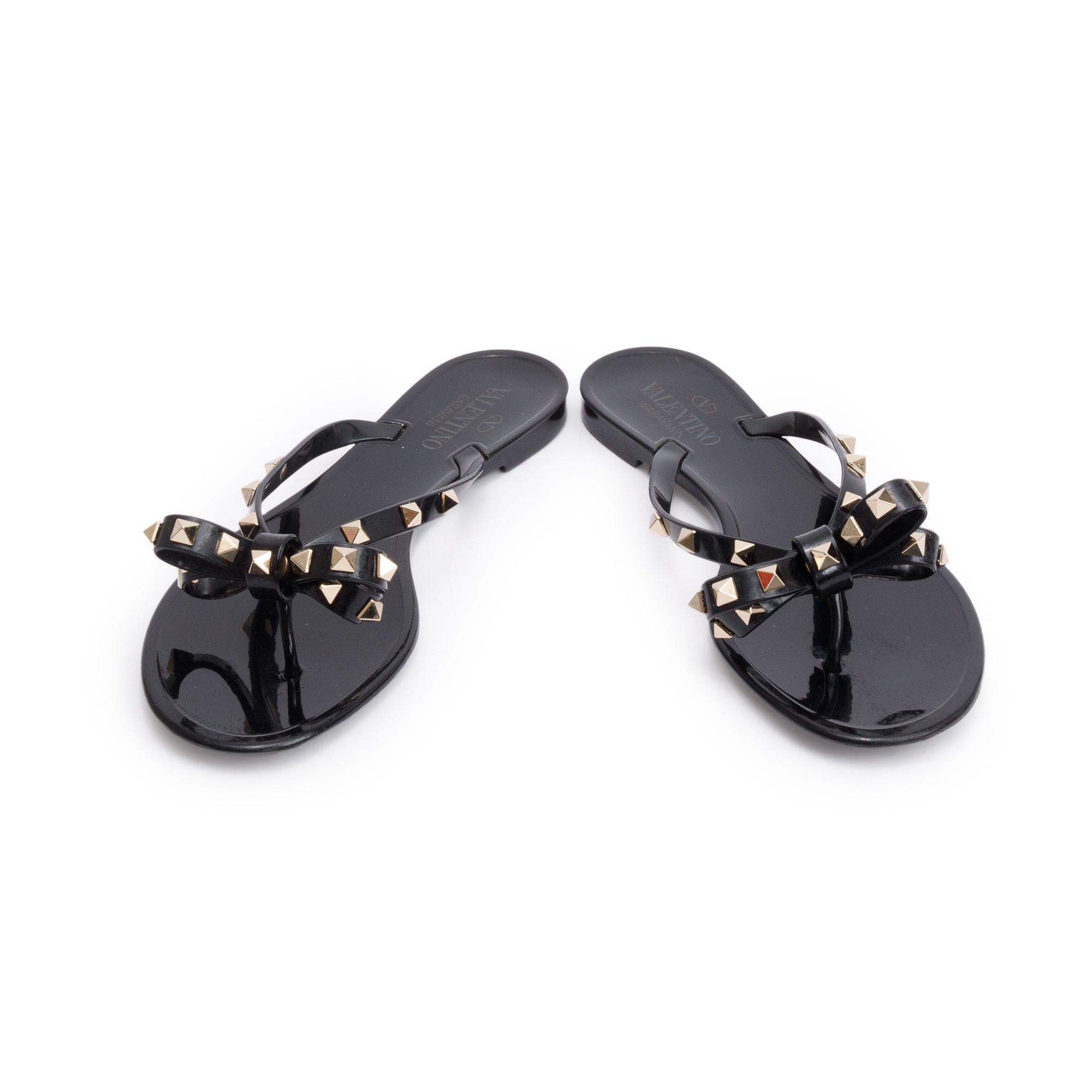 Valentino Black Rubber Bow Rockstud Jelly Thong Sandals, Size 40 w/ Box