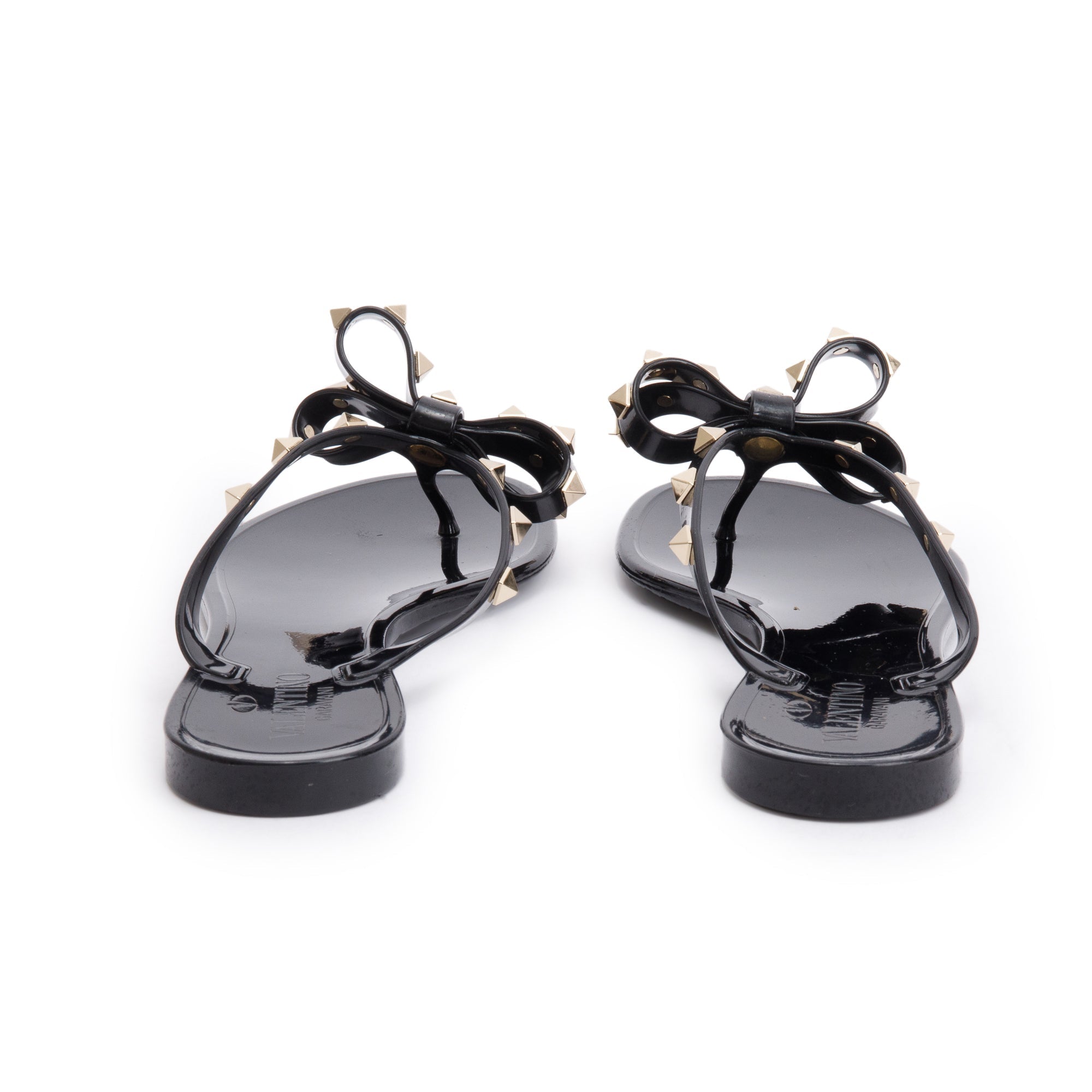 Valentino Black Rubber Bow Rockstud Jelly Thong Sandals, Size 40 w/ Box