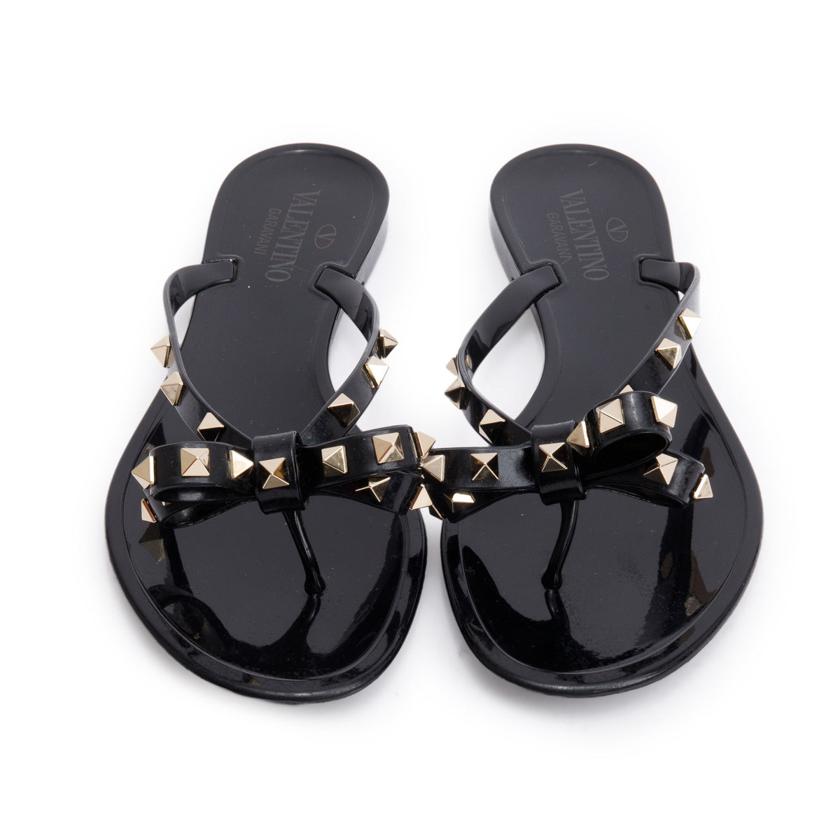 Valentino Black Rubber Bow Rockstud Jelly Thong Sandals Valentino Black Rubber Bow Rockstud Jelly Thong Sandals