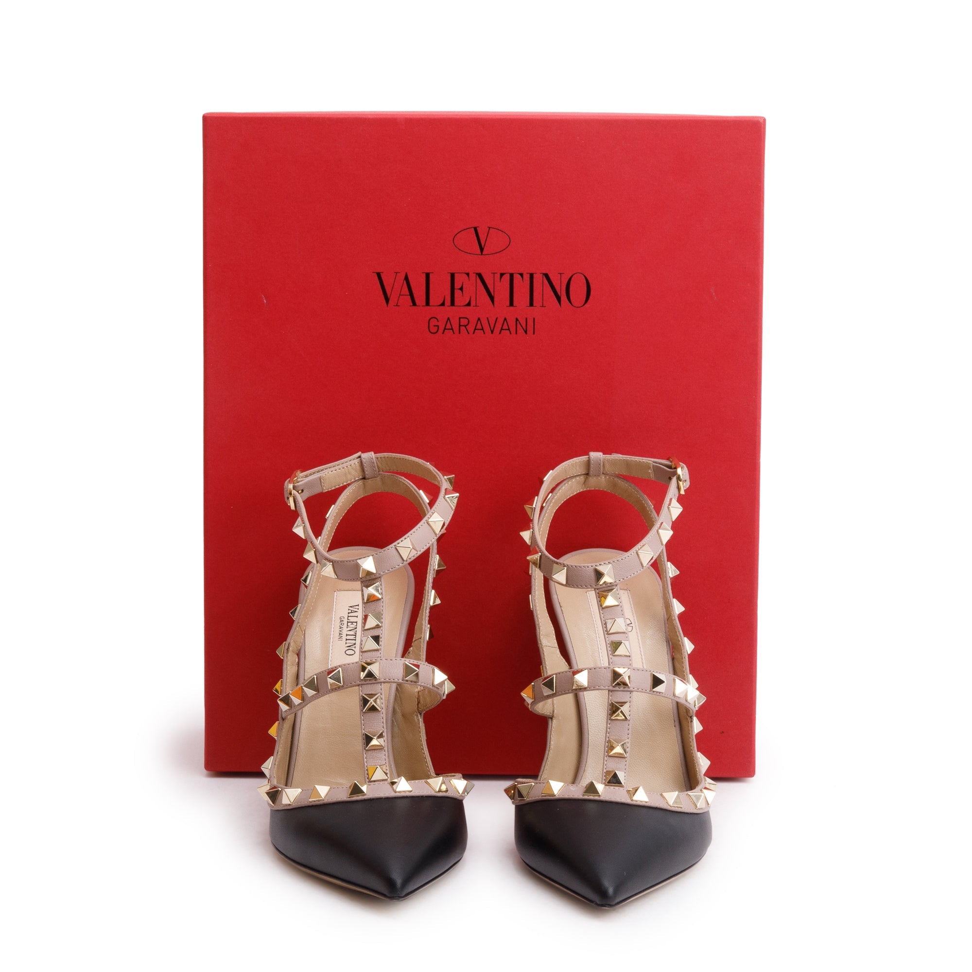 Valentino Black/Beige Leather Rockstud Ankle Strap Pumps, Size 38 w/ Box
