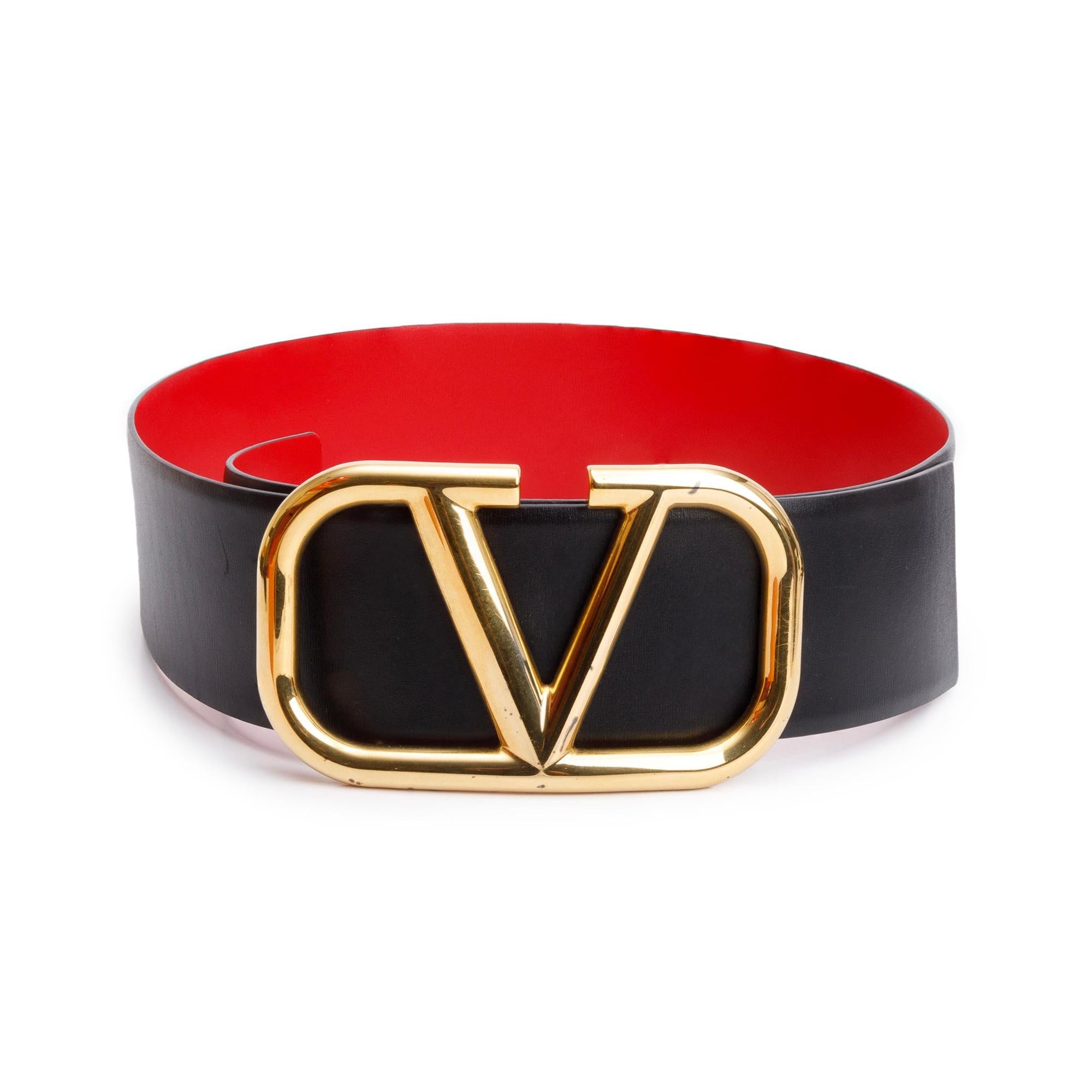 Valentino Black/Red Calfskin Reversible Vlogo Signature 70 MM Leather Wide Belt, 90 36 w/ Box
