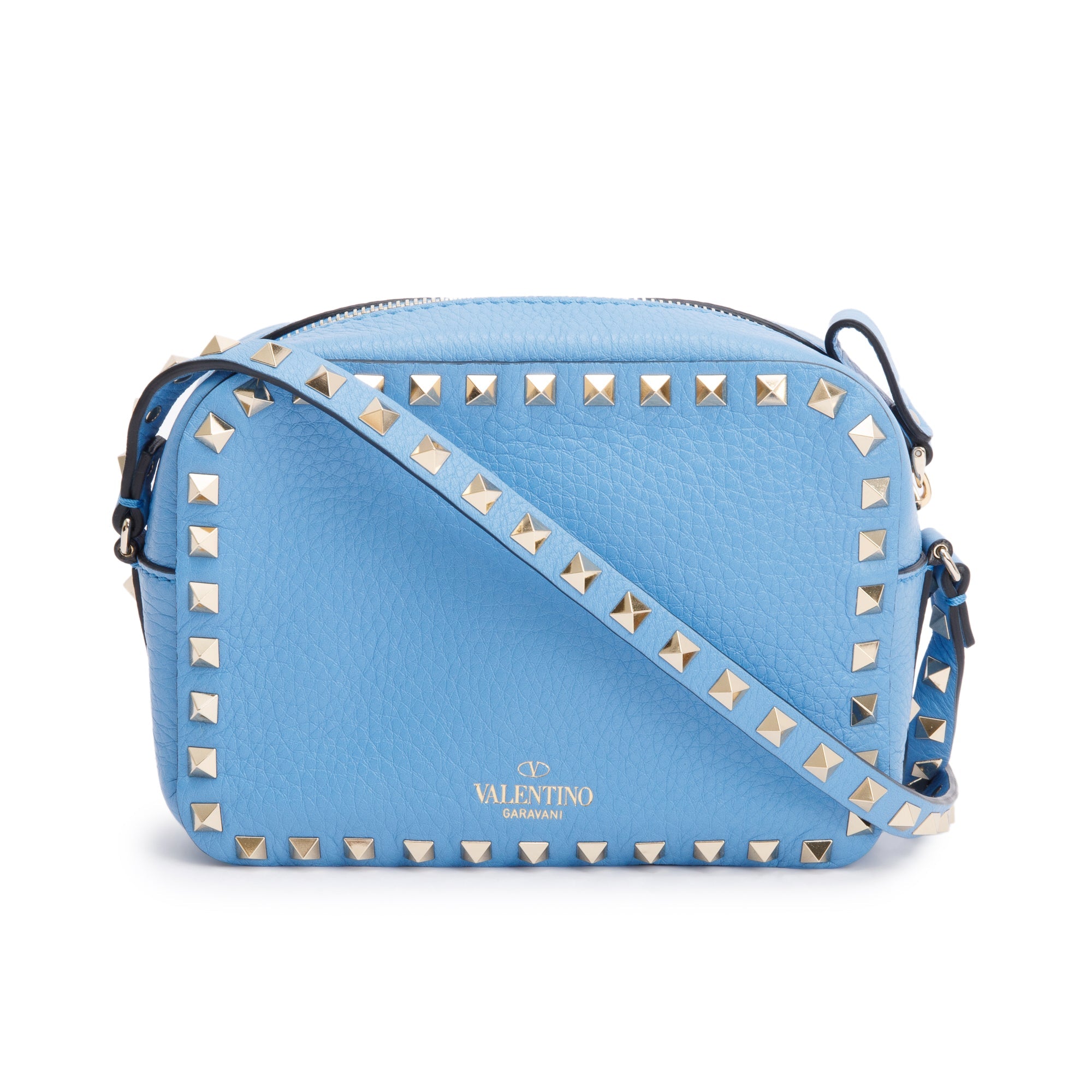 Valentino Blue Grained Calfskin Leather Rockstud Camera Crossbody Bag