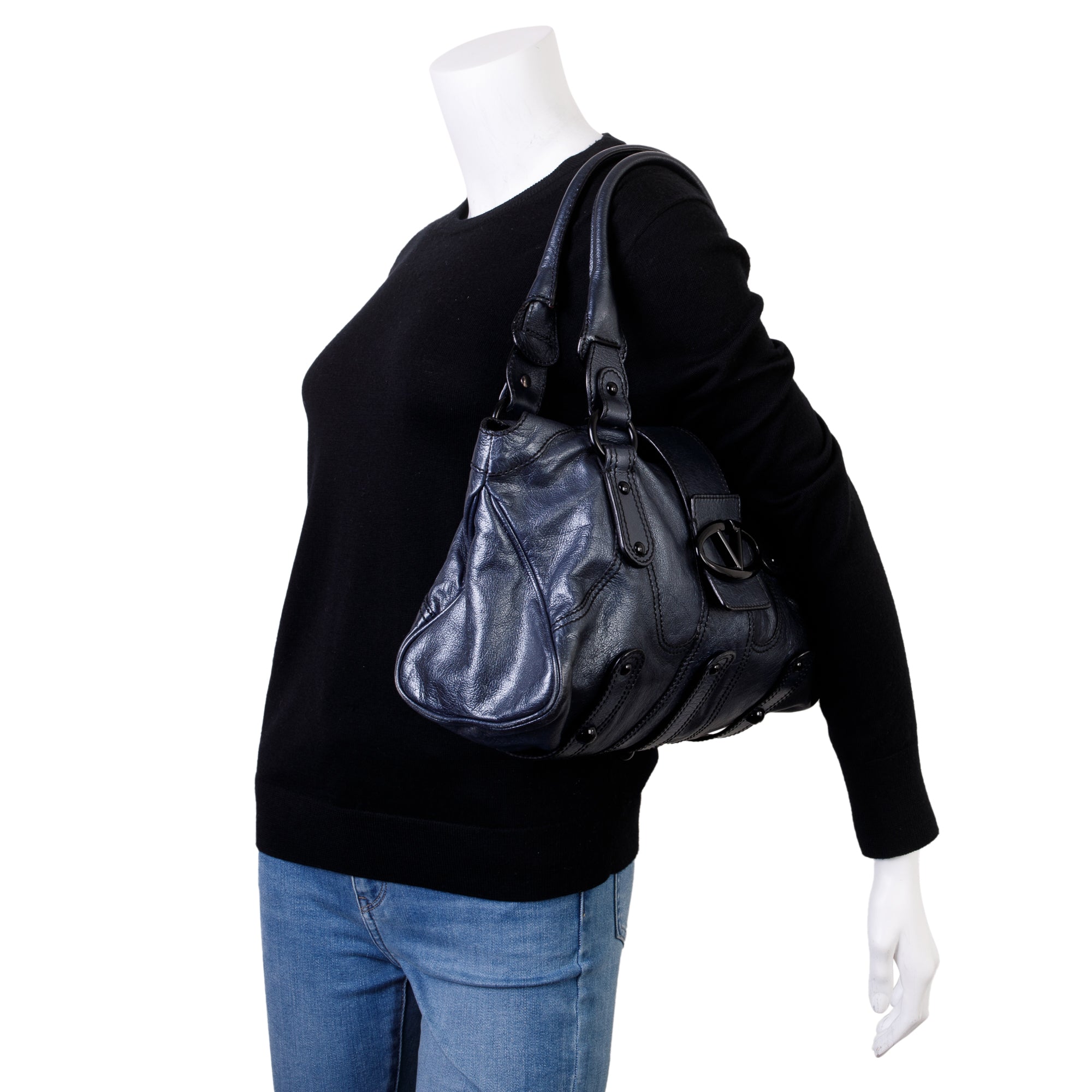 Valentino Blue Metallic Leather V-Logo Leather Shoulder Bag